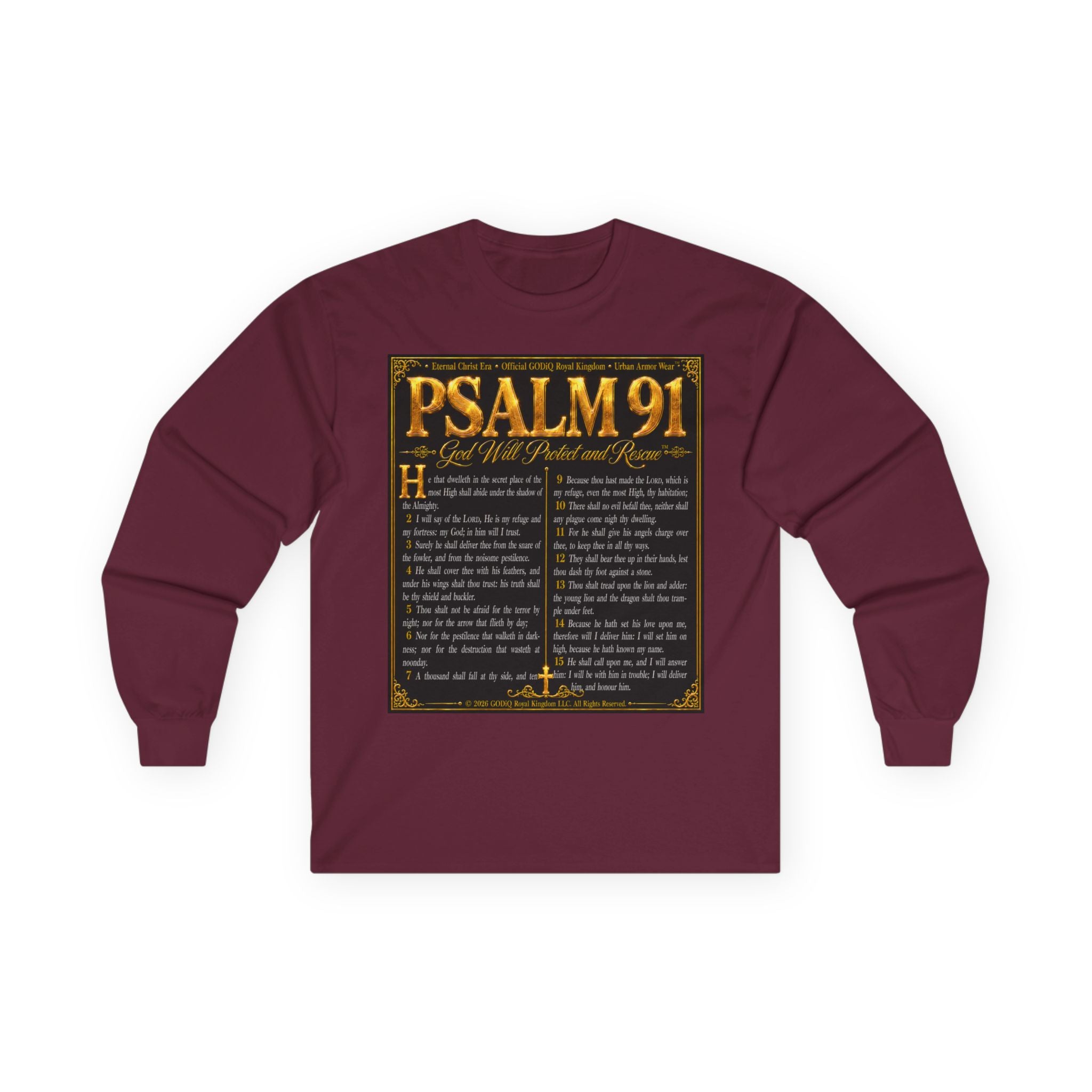 Psalm 91™ Long Sleeve Christian T-Shirt | God's Promise of Divine Protection | Premium Biblical Prayer Shirt | Luxury Faith-Based Scripture Apparel | GODiQ Royal Kingdom™ Urban Armor Wear