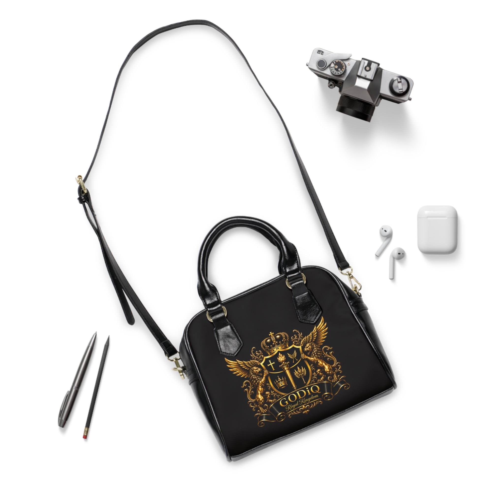 GODiQ Royal Kingdom™ Gold Crest Women's Ministry Shoulder Handbag – Luxury Christian Designer Purse | 24K Gold Heraldic Crest Bible Bag | Elegant Church & Kingdom Handbag