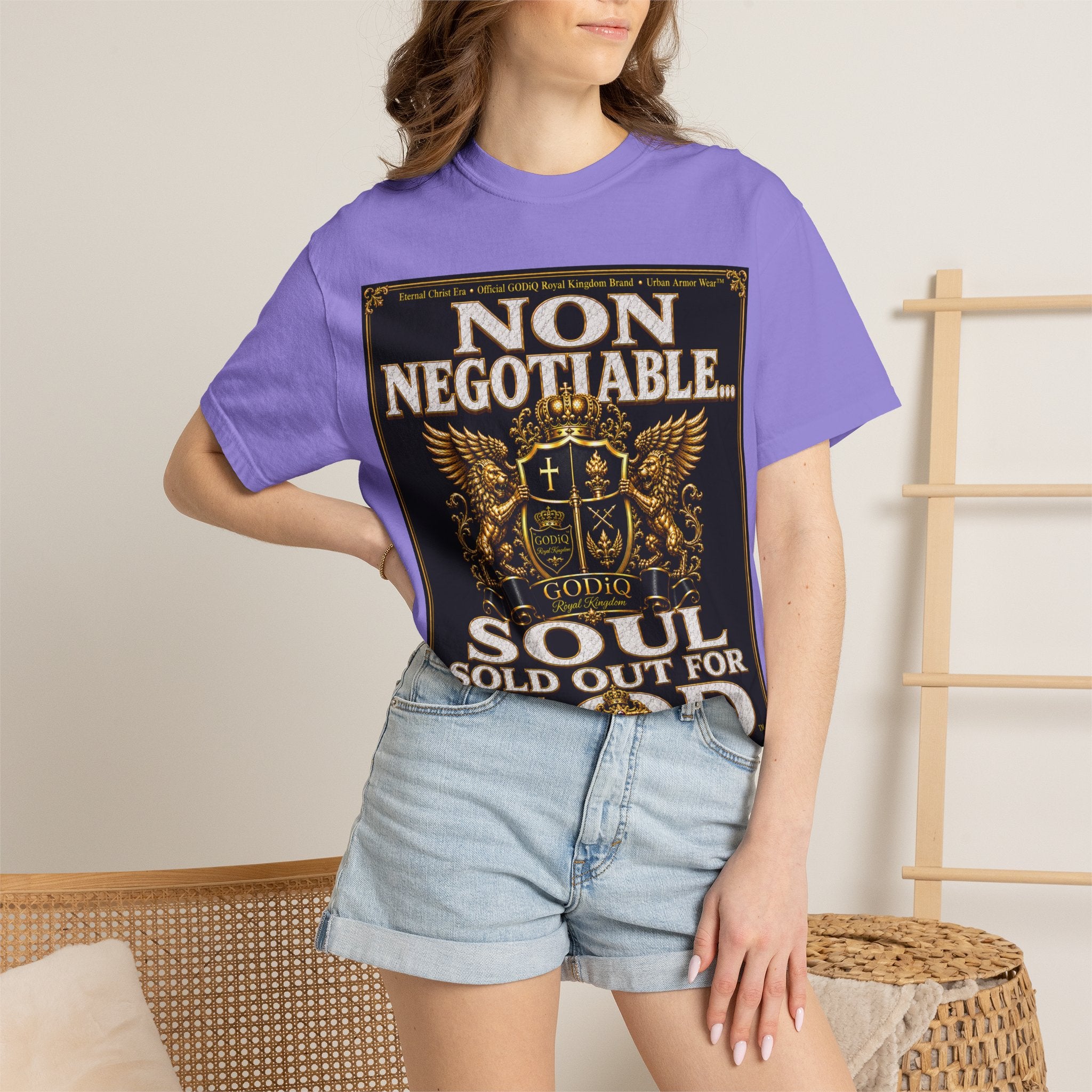 GODiQ™ Royal Kingdom Urban Armor Wear™ "NON NEGOTIABLE™: SOUL SOLD OUT FOR GOD™" Luxury Christian Graphic T-Shirt | Premium Faith Apparel | 24K Gold Heraldic Kingdom Statement Tee