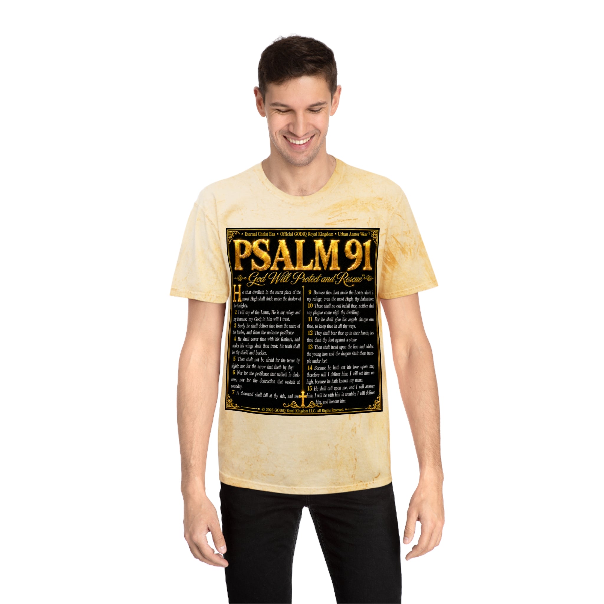 Psalm 91™ Divine Protection Graphic T-Shirt – Luxury Christian Scripture Tee | Premium Garment-Dyed Color Blast Faith Apparel | “God's Promise of Divine Protection” Vintage Cotton Shirt | GODiQ Royal...
