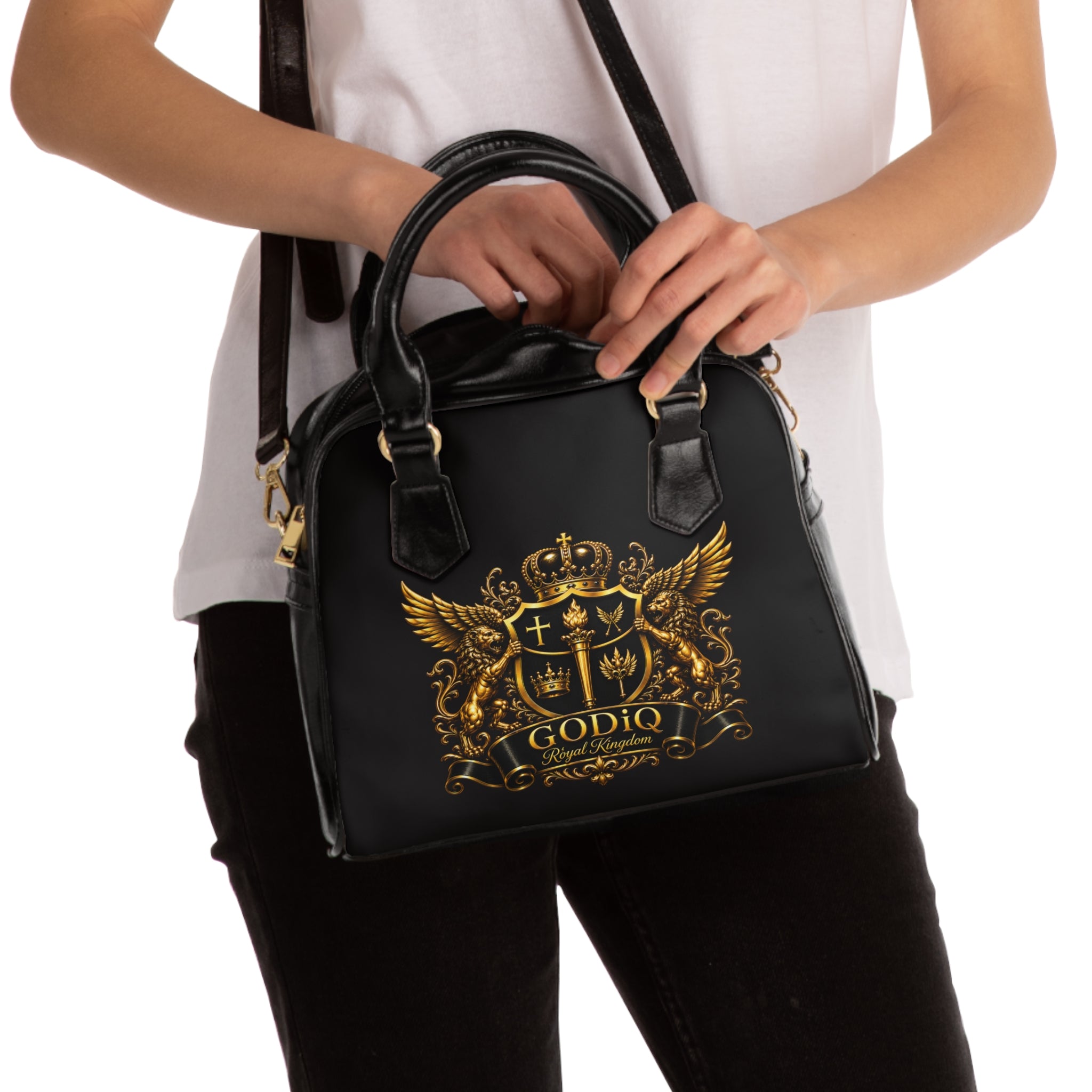 GODiQ Royal Kingdom™ Gold Crest Women's Ministry Shoulder Handbag – Luxury Christian Designer Purse | 24K Gold Heraldic Crest Bible Bag | Elegant Church & Kingdom Handbag