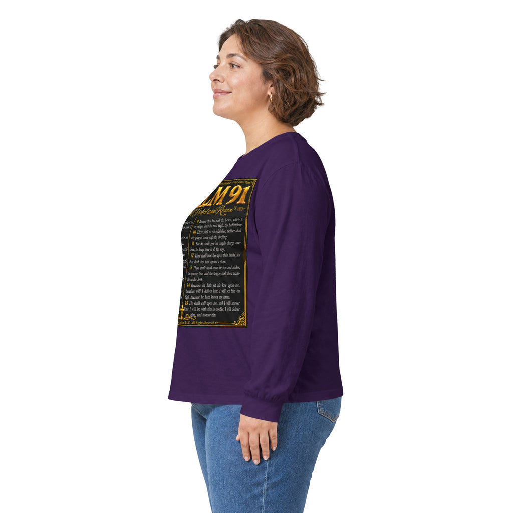 Psalm 91™ Long Sleeve Christian T-Shirt | God's Promise of Divine Protection | Premium Biblical Prayer Shirt | Luxury Faith-Based Scripture Apparel | GODiQ Royal Kingdom™ Urban Armor Wear