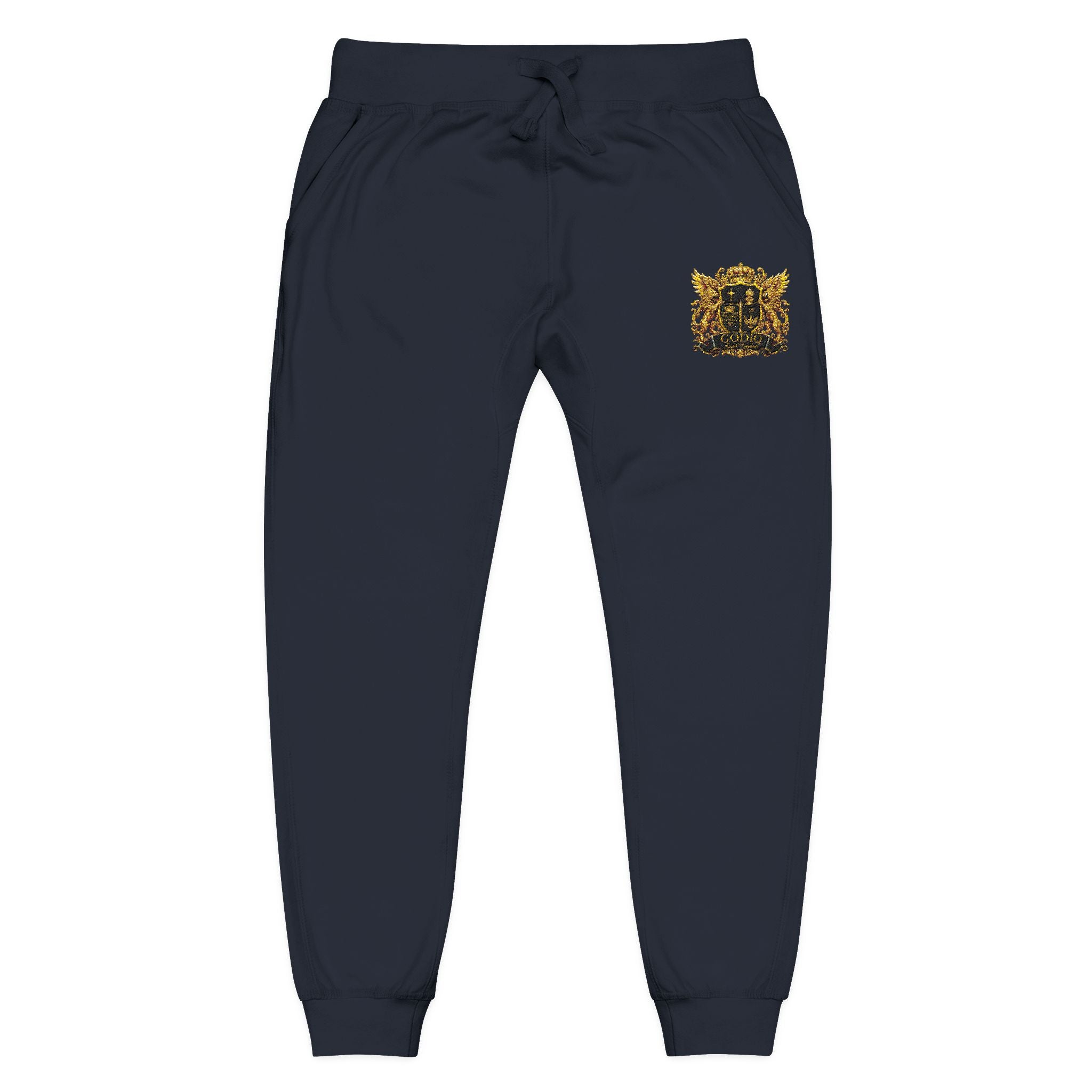 GODiQ Royal Kingdom™ CRK Sovereign Crest Embroidered Fleece Joggers – Luxury Christian Sweatpants | Premium Gold Crown Sword Logo | Kingdom Lifestyle Apparel