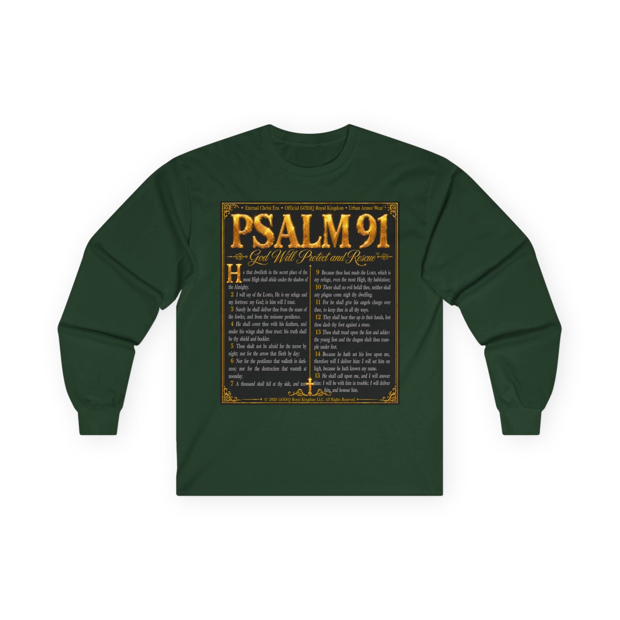 Psalm 91™ Long Sleeve Christian T-Shirt | God's Promise of Divine Protection | Premium Biblical Prayer Shirt | Luxury Faith-Based Scripture Apparel | GODiQ Royal Kingdom™ Urban Armor Wear