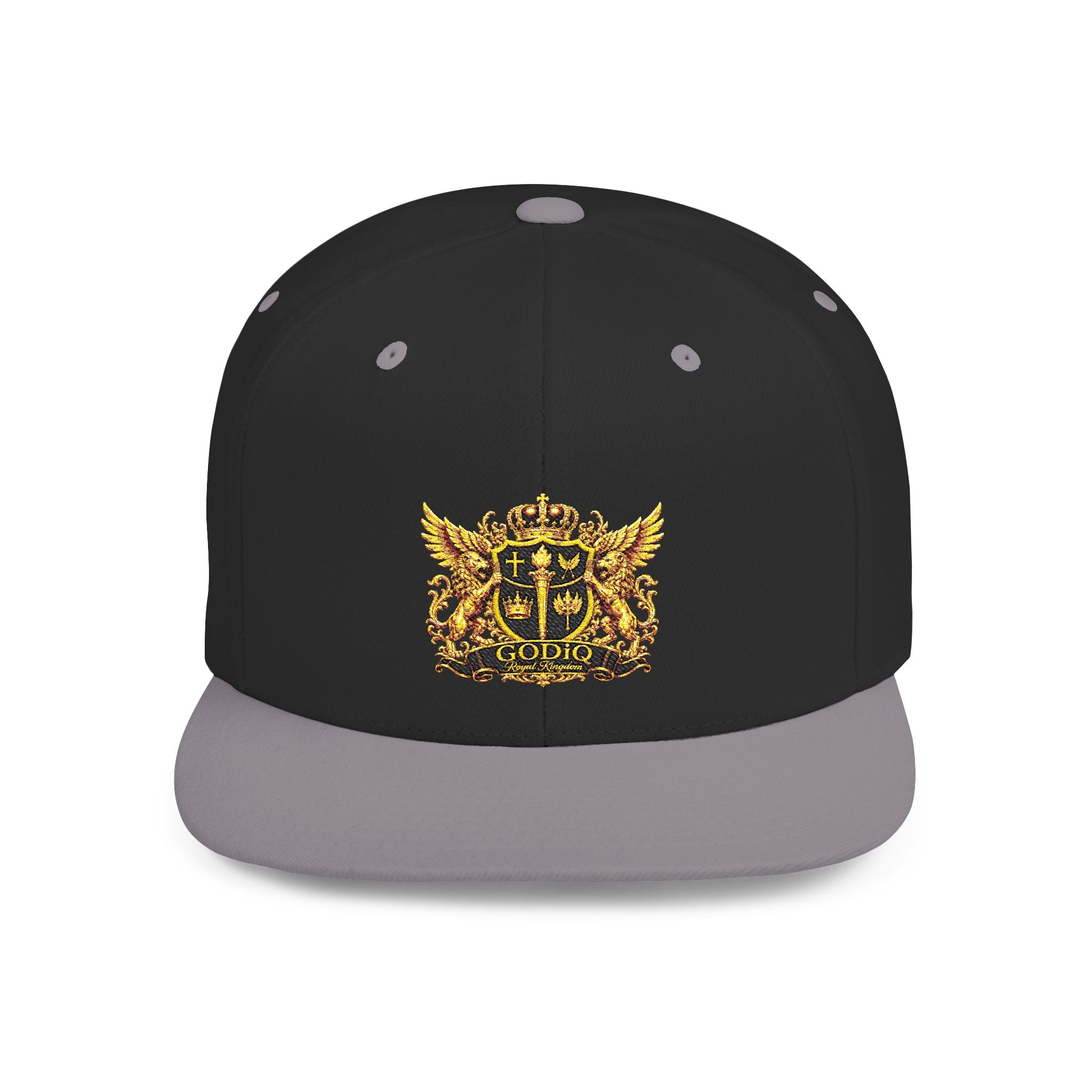 GODiQ Royal Kingdom™ Gold Crest Flat Bill Snapback Hat – Premium Embroidered Christian Heraldic Cap | Luxury Faith-Inspired Streetwear | Urban Armor™ Collection