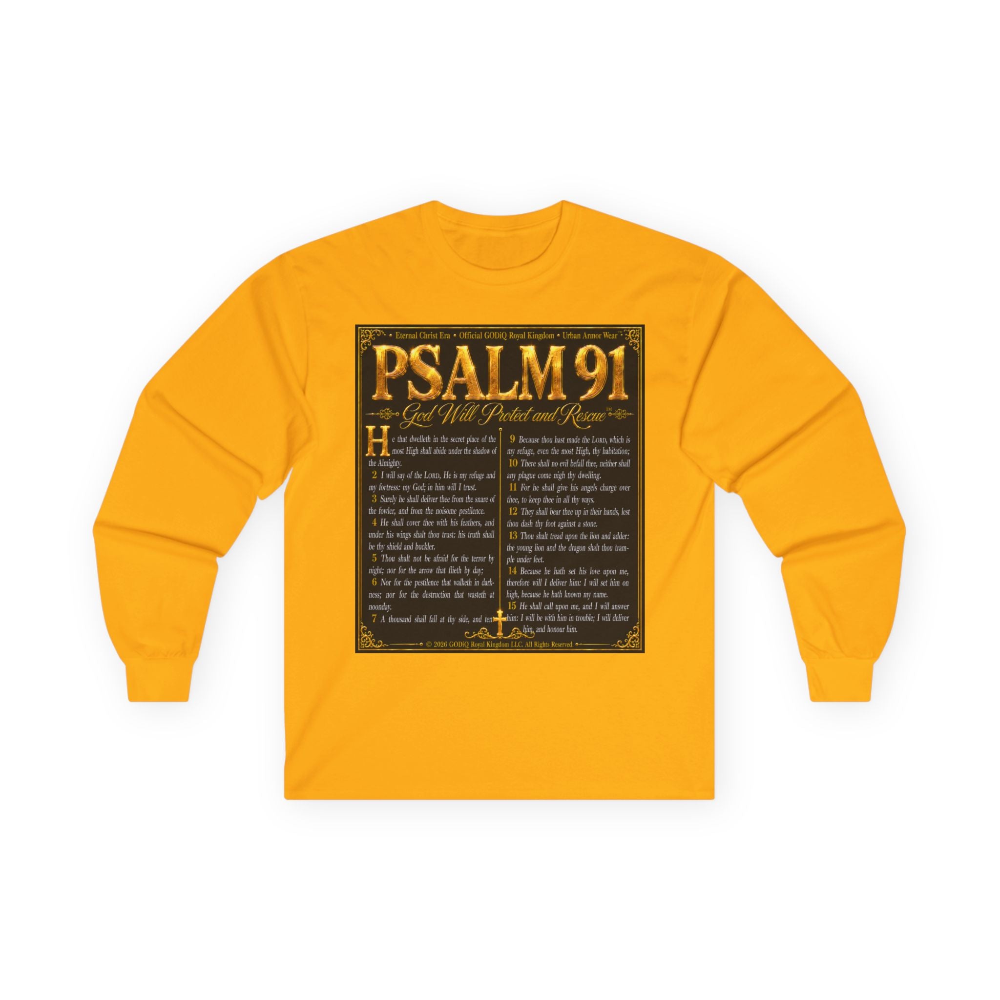 Psalm 91™ Long Sleeve Christian T-Shirt | God's Promise of Divine Protection | Premium Biblical Prayer Shirt | Luxury Faith-Based Scripture Apparel | GODiQ Royal Kingdom™ Urban Armor Wear