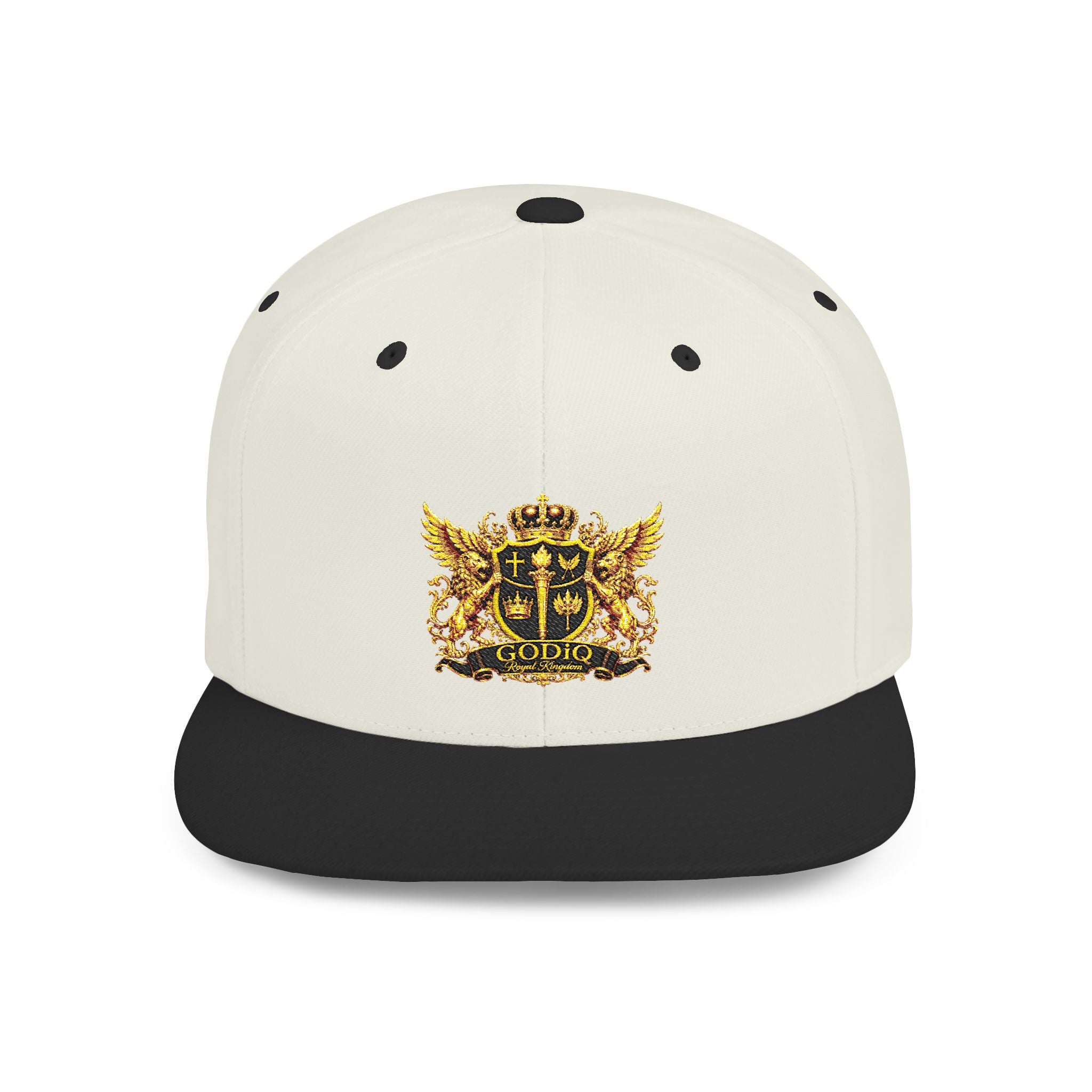 GODiQ Royal Kingdom™ Gold Crest Flat Bill Snapback Hat – Premium Embroidered Christian Heraldic Cap | Luxury Faith-Inspired Streetwear | Urban Armor™ Collection