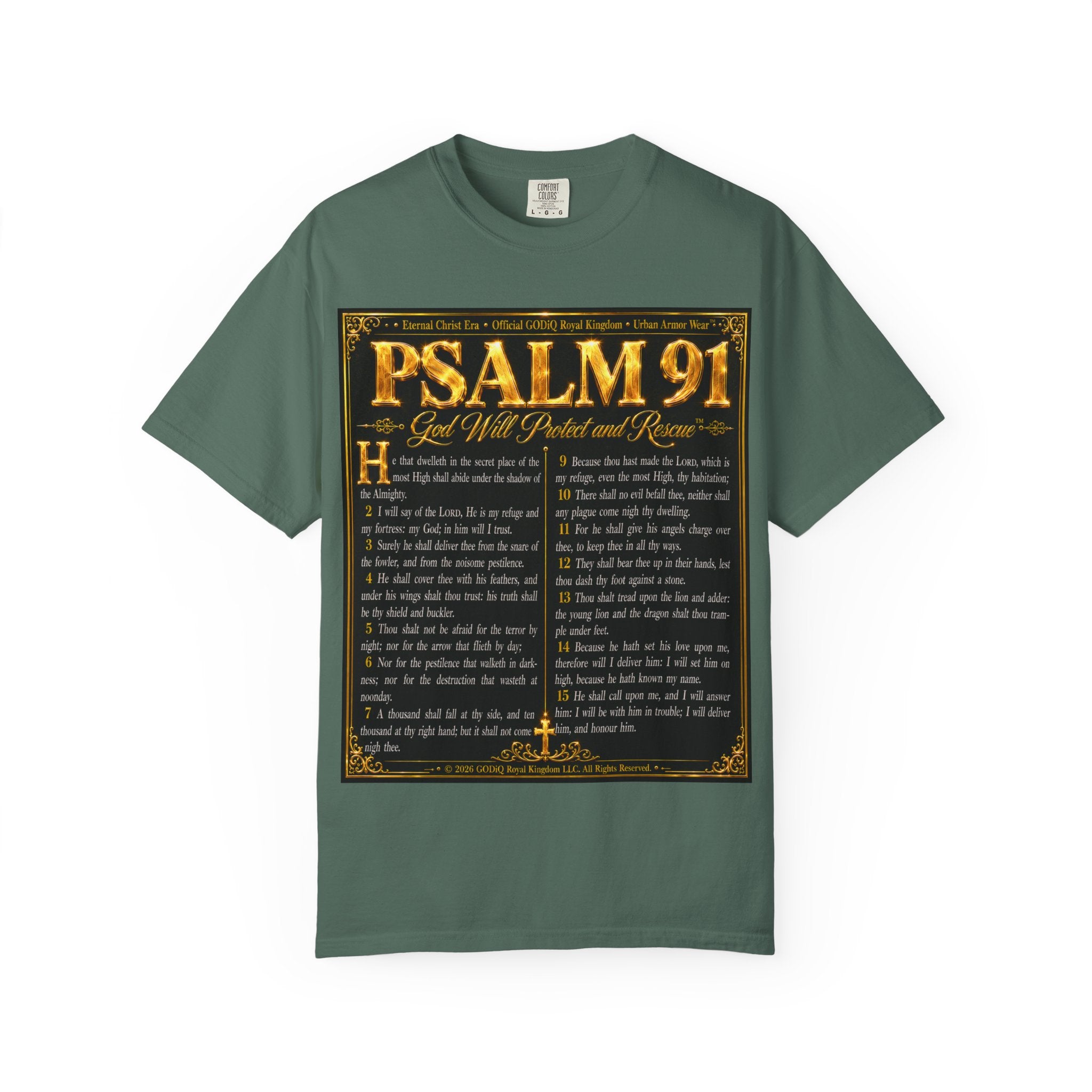 Psalm 91™ Christian Graphic T-Shirt – "God's Promise of Divine Protection" Luxury Garment-Dyed Scripture Tee | Premium Comfort Colors® 1717 | GODiQ Royal Kingdom™ Urban Armor Wear