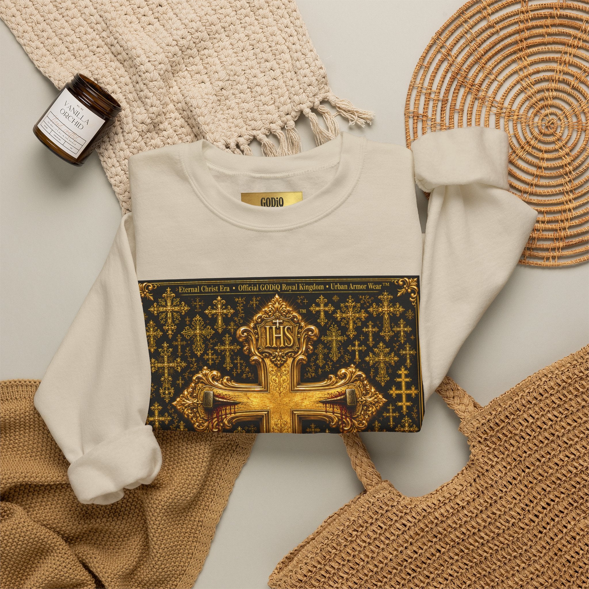 GODiQ Royal Kingdom™ Jesus Christ Died For Our Sins Crewneck Sweatshirt – Luxury 24K Gold Cross Christian Sweatshirt | Premium Faith Graphic Pullover | Religious Streetwear | Urban Armor Wear™