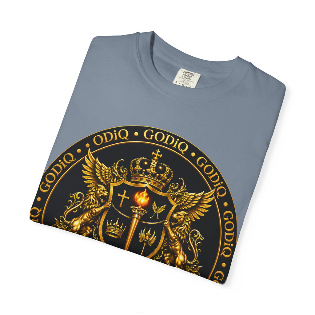 GODiQ Royal Kingdom™ Royal Crest T-Shirt – Luxury Christian Coat of Arms Graphic Tee | Premium Garment-Dyed Faith Apparel | Regal Kingdom Streetwear