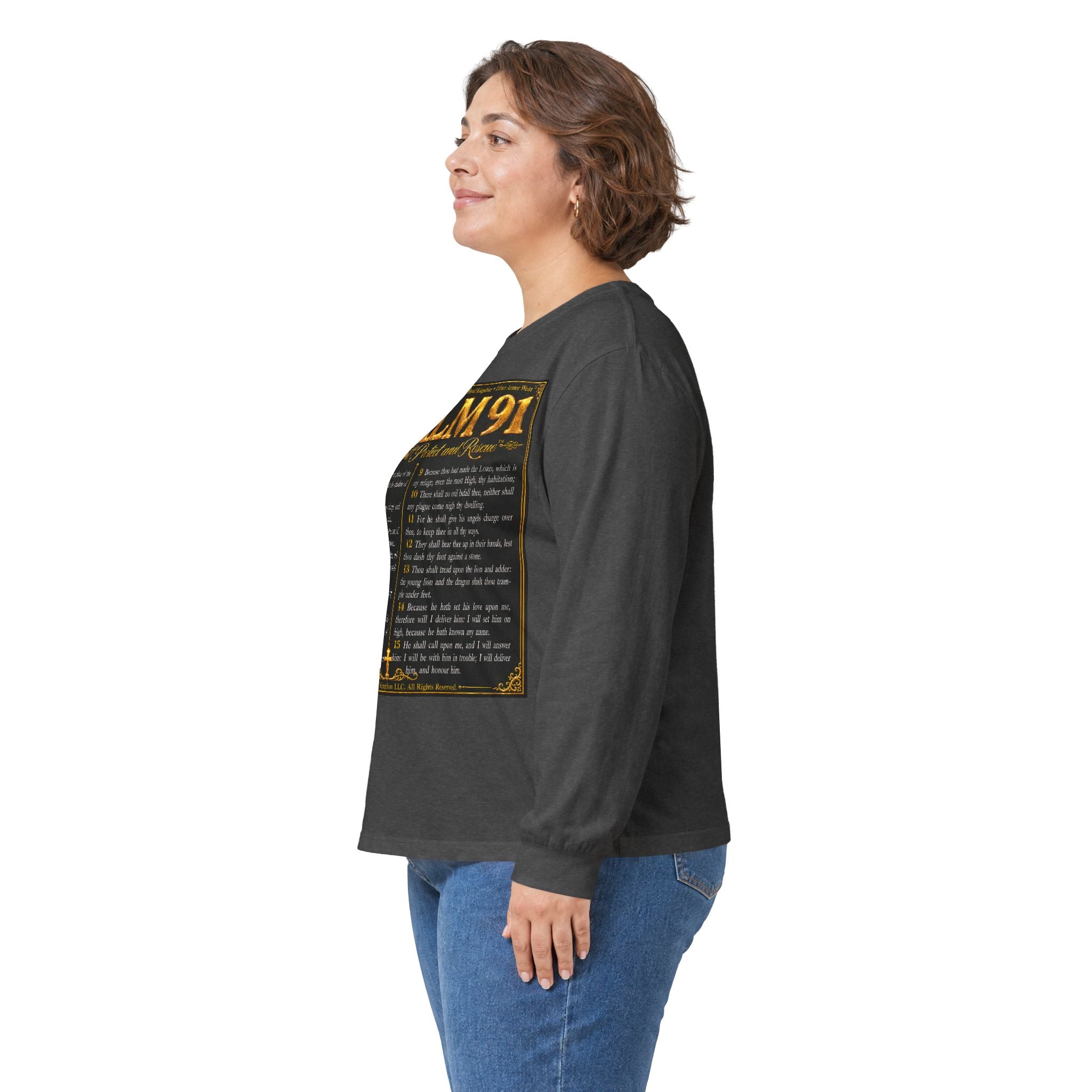 Psalm 91™ Long Sleeve Christian T-Shirt | God's Promise of Divine Protection | Premium Biblical Prayer Shirt | Luxury Faith-Based Scripture Apparel | GODiQ Royal Kingdom™ Urban Armor Wear
