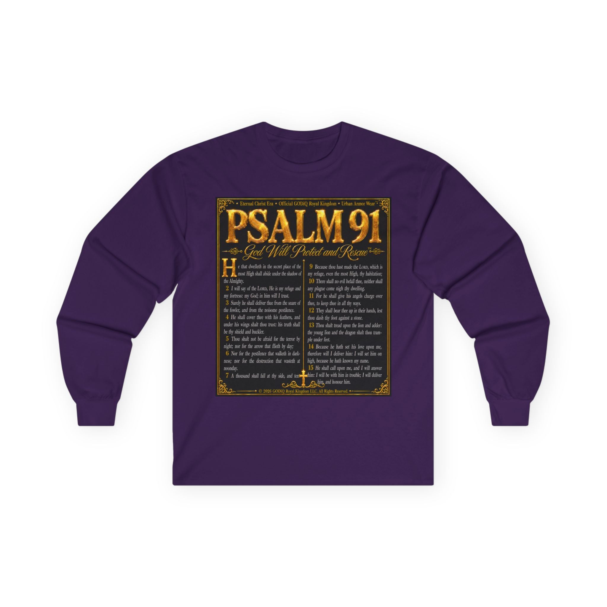 Psalm 91™ Long Sleeve Christian T-Shirt | God's Promise of Divine Protection | Premium Biblical Prayer Shirt | Luxury Faith-Based Scripture Apparel | GODiQ Royal Kingdom™ Urban Armor Wear