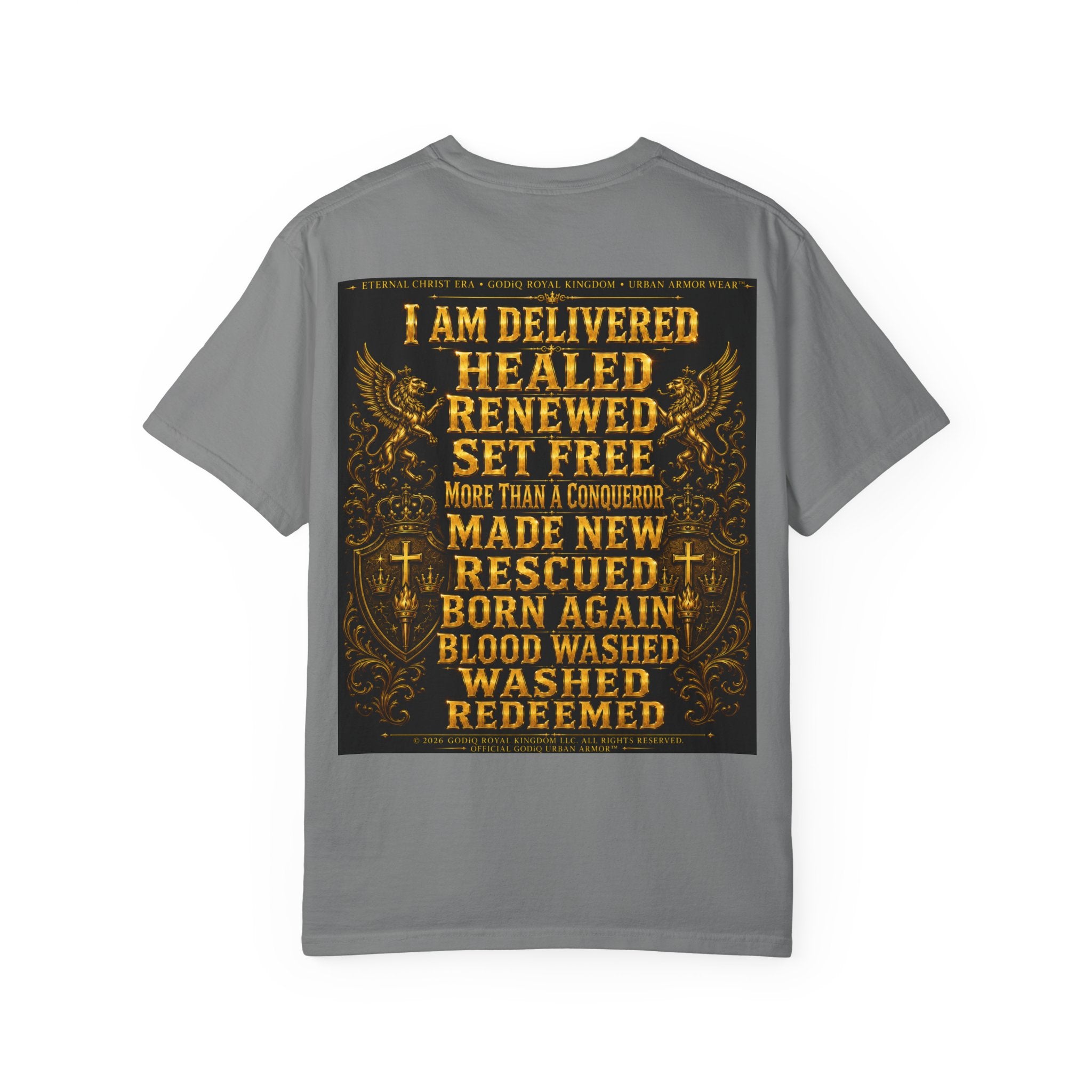 GODiQ Royal Kingdom™ Decree & Declare Christian T-Shirt – Premium Inspirational Faith Tee | "I Am Delivered, Healed, Renewed" Scripture Apparel | Comfort Colors 1717