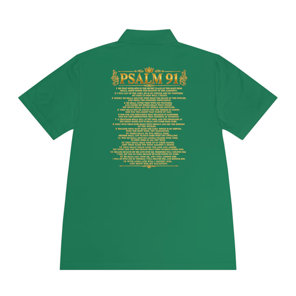 GODiQ Royal Kingdom™ Psalm 91 Men's Performance Polo – Premium Christian Golf Shirt | Luxury Gold Scripture Polo | Moisture-Wicking Faith Apparel