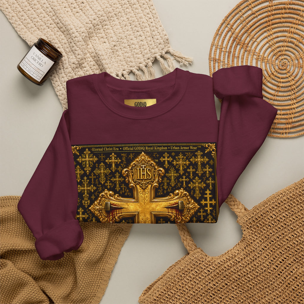 GODiQ Royal Kingdom™ Jesus Christ Died For Our Sins Crewneck Sweatshirt – Luxury 24K Gold Cross Christian Sweatshirt | Premium Faith Graphic Pullover | Religious Streetwear | Urban Armor Wear™