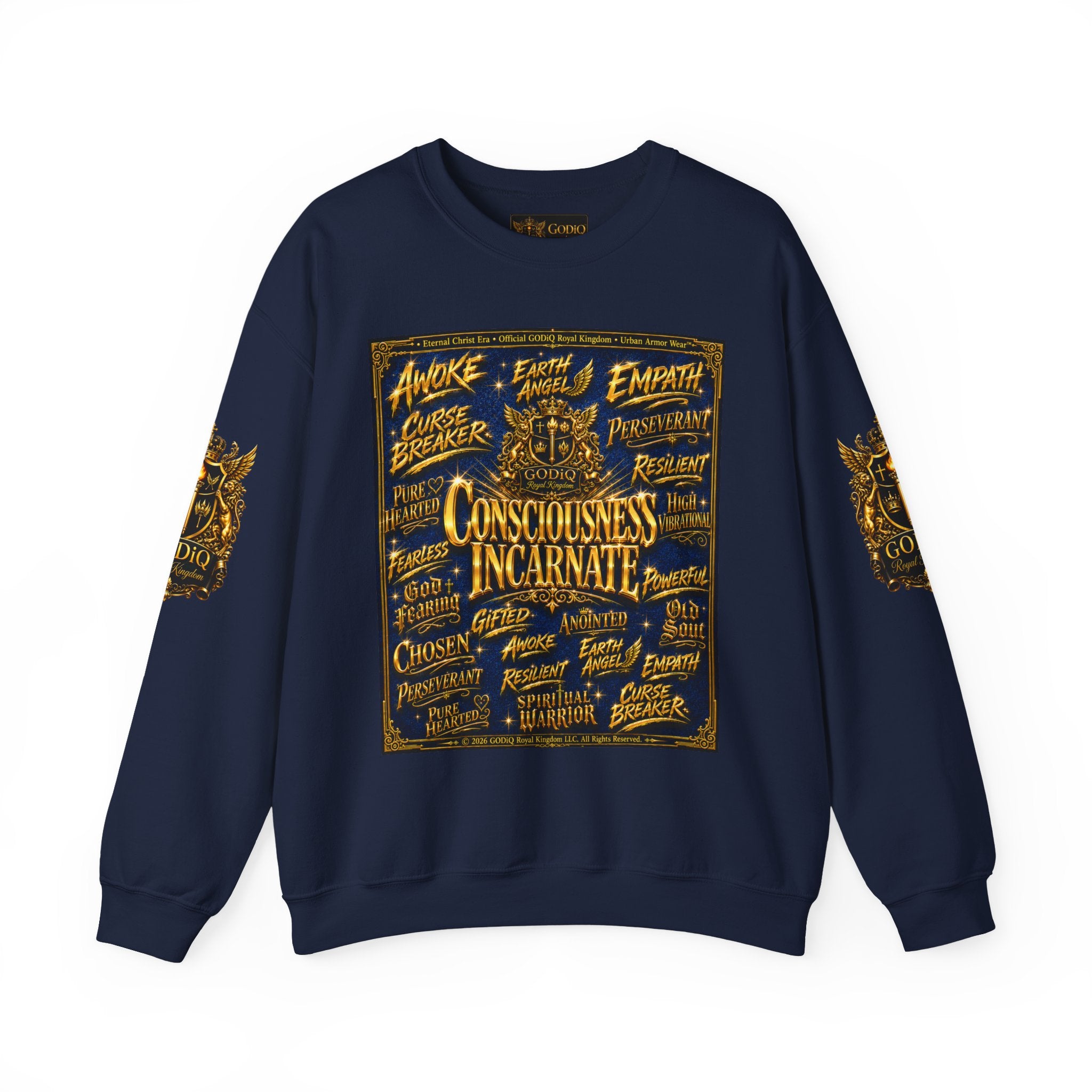 Consciousness Incarnate™ Crewneck Sweatshirt – Luxury Christian Graphic Sweatshirt | "Awake For All Eternity" Premium Kingdom Apparel | GODiQ Royal Kingdom™ Urban Armor Wear