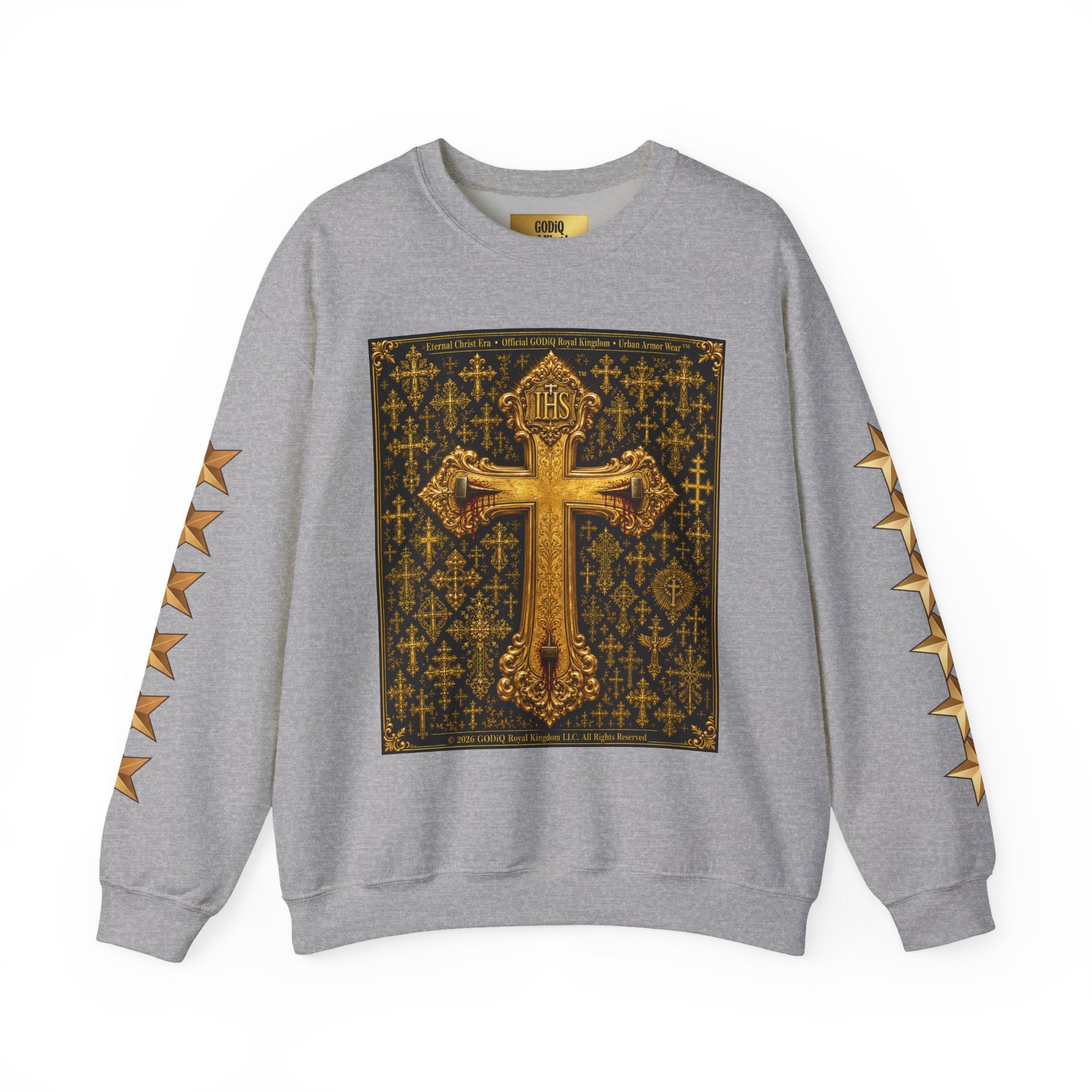 GODiQ Royal Kingdom™ Jesus Christ Died For Our Sins Crewneck Sweatshirt – Luxury 24K Gold Cross Christian Sweatshirt | Premium Faith Graphic Pullover | Religious Streetwear | Urban Armor Wear™