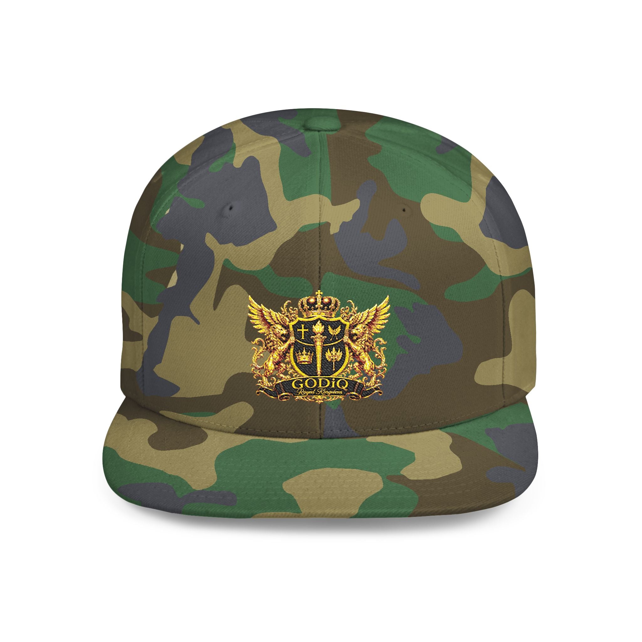 GODiQ Royal Kingdom™ Gold Crest Flat Bill Snapback Hat – Premium Embroidered Christian Heraldic Cap | Luxury Faith-Inspired Streetwear | Urban Armor™ Collection