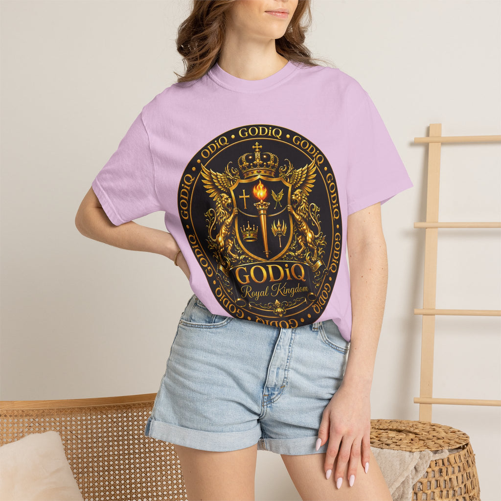GODiQ Royal Kingdom™ Royal Crest T-Shirt – Luxury Christian Coat of Arms Graphic Tee | Premium Garment-Dyed Faith Apparel | Regal Kingdom Streetwear