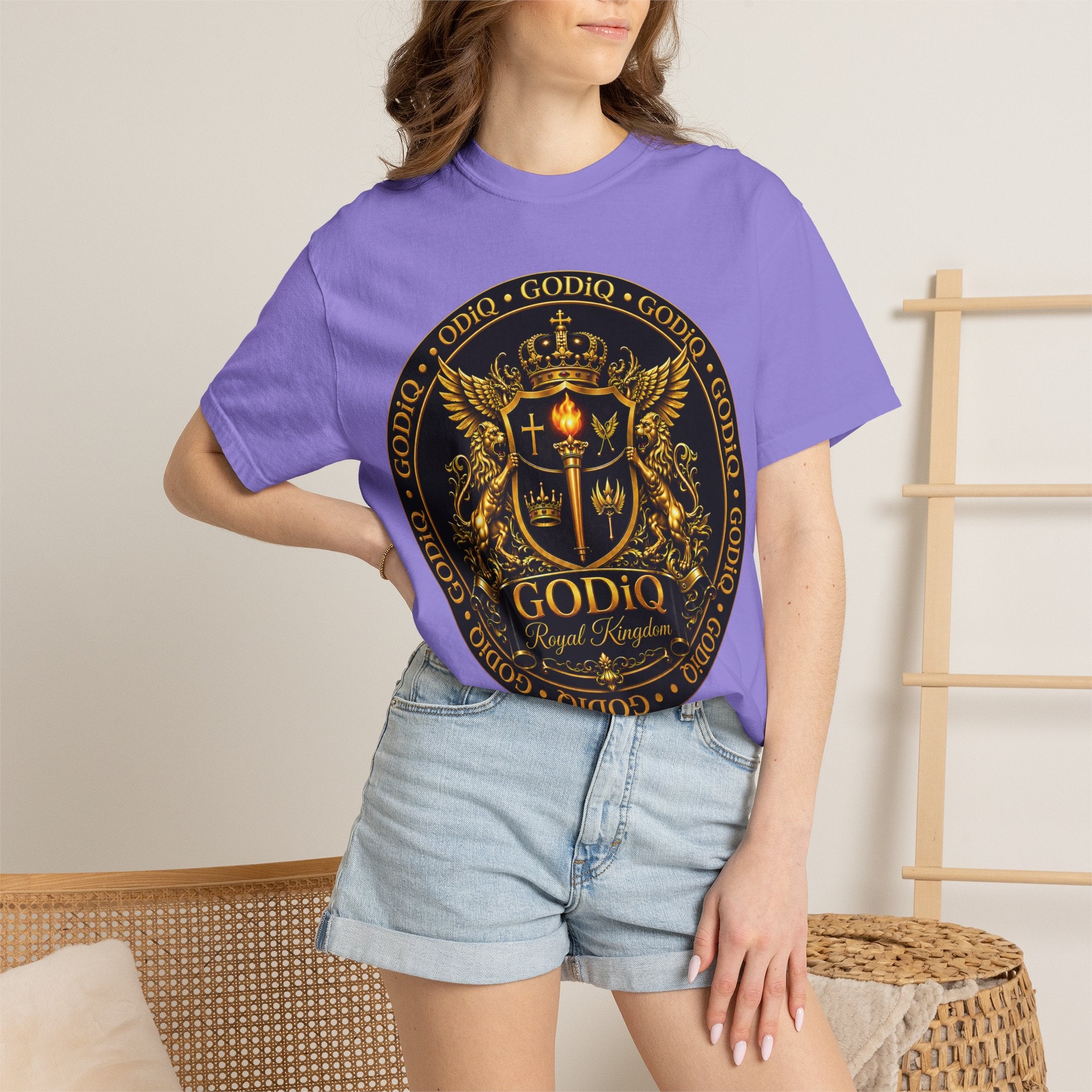 GODiQ Royal Kingdom™ Royal Crest T-Shirt – Luxury Christian Coat of Arms Graphic Tee | Premium Garment-Dyed Faith Apparel | Regal Kingdom Streetwear