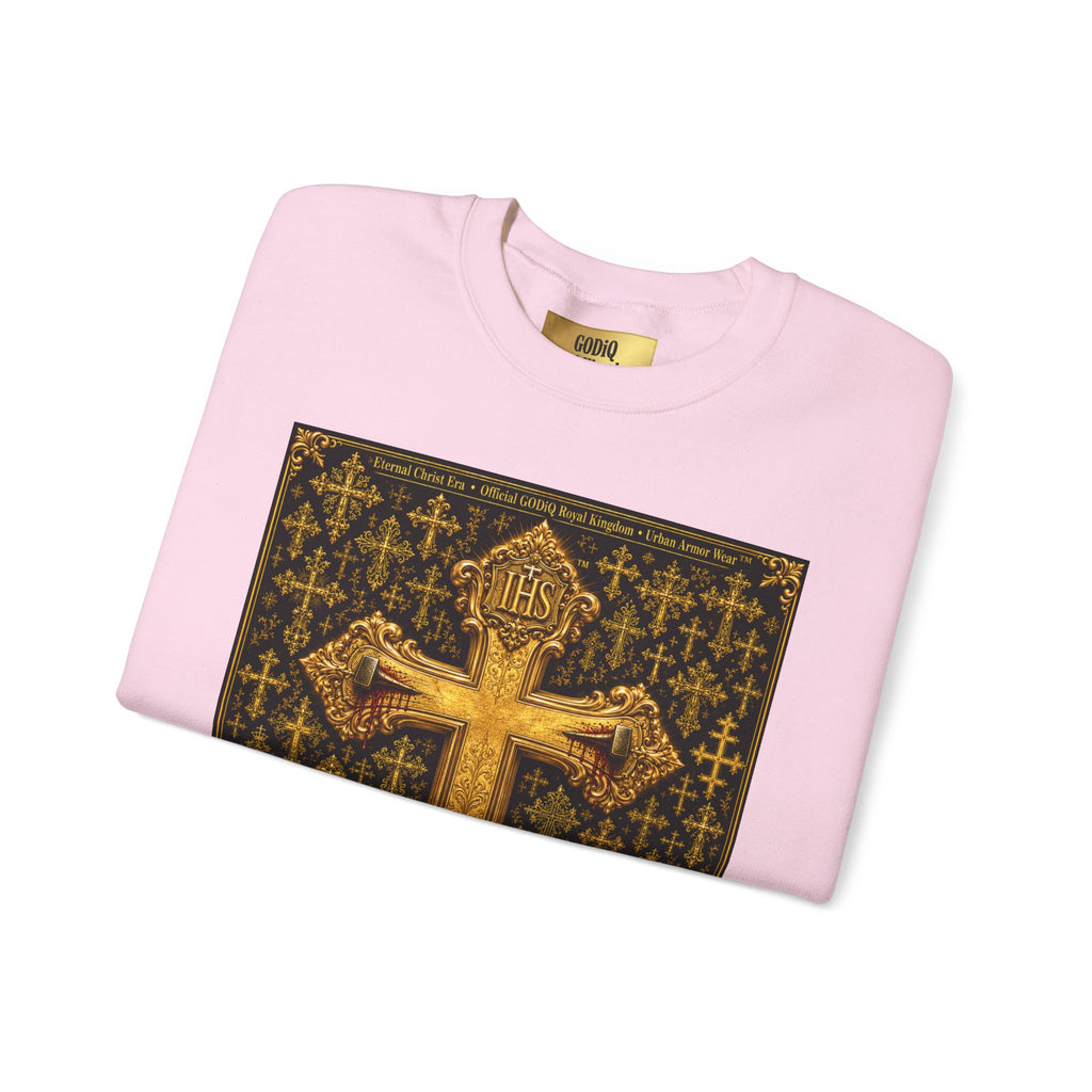 GODiQ Royal Kingdom™ Jesus Christ Died For Our Sins Crewneck Sweatshirt – Luxury 24K Gold Cross Christian Sweatshirt | Premium Faith Graphic Pullover | Religious Streetwear | Urban Armor Wear™