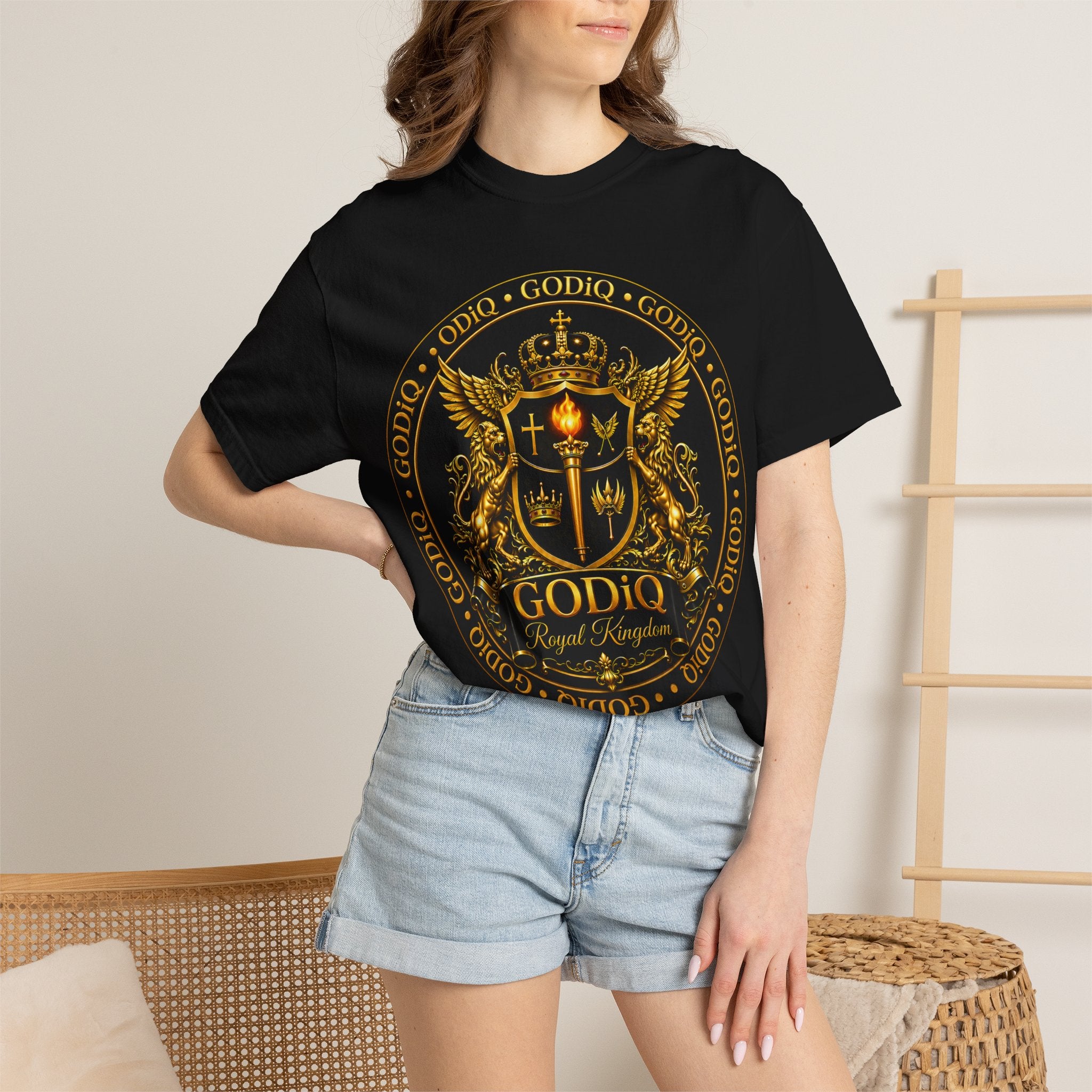 GODiQ Royal Kingdom™ Royal Crest T-Shirt – Luxury Christian Coat of Arms Graphic Tee | Premium Garment-Dyed Faith Apparel | Regal Kingdom Streetwear
