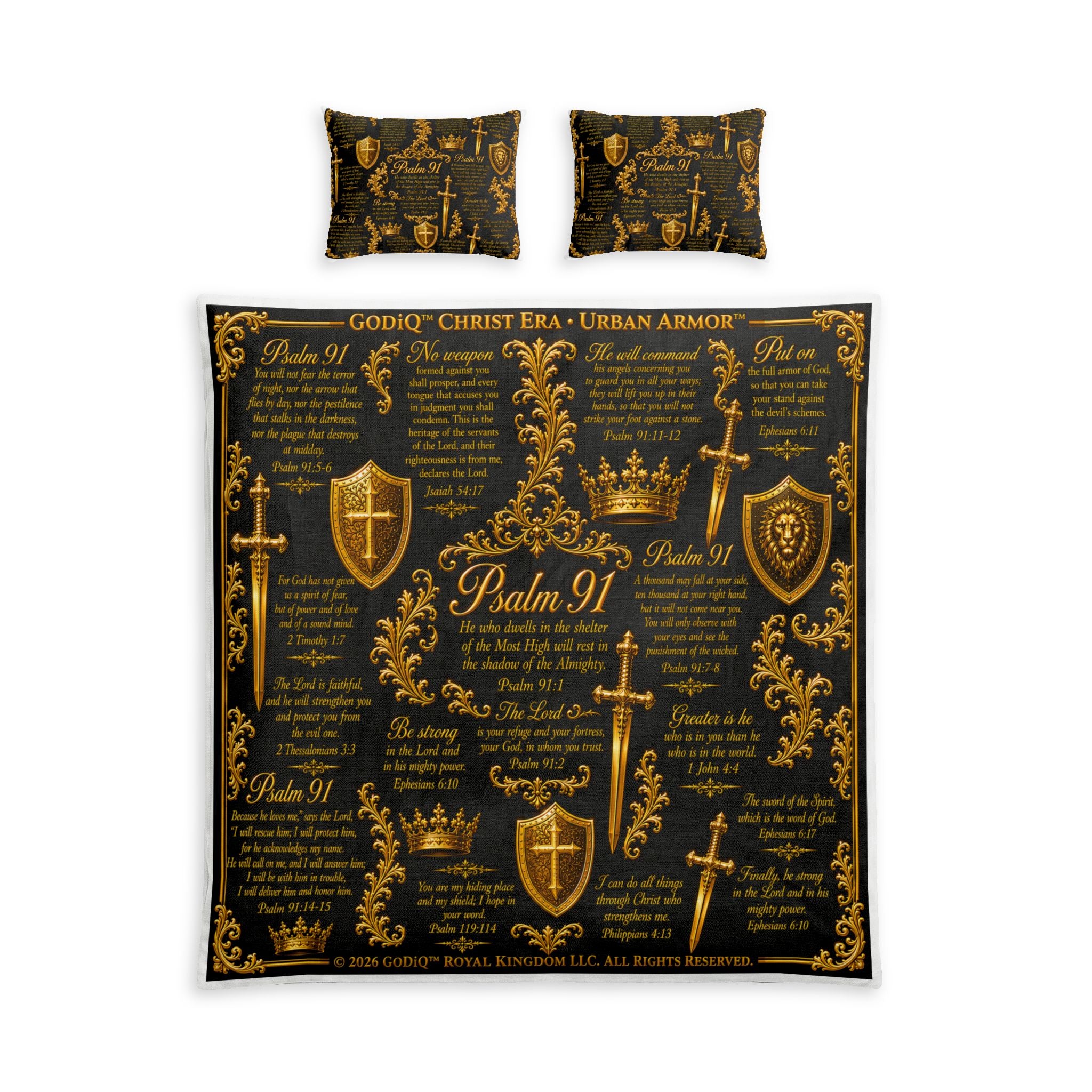 GODiQ Royal Kingdom™ Psalm 91 Christian Cotton Bed Set – Luxury Gold Shield & Crown Duvet Cover | Bible Scripture Spiritual Warfare Bedding | Premium Faith-Inspired Bedroom Décor