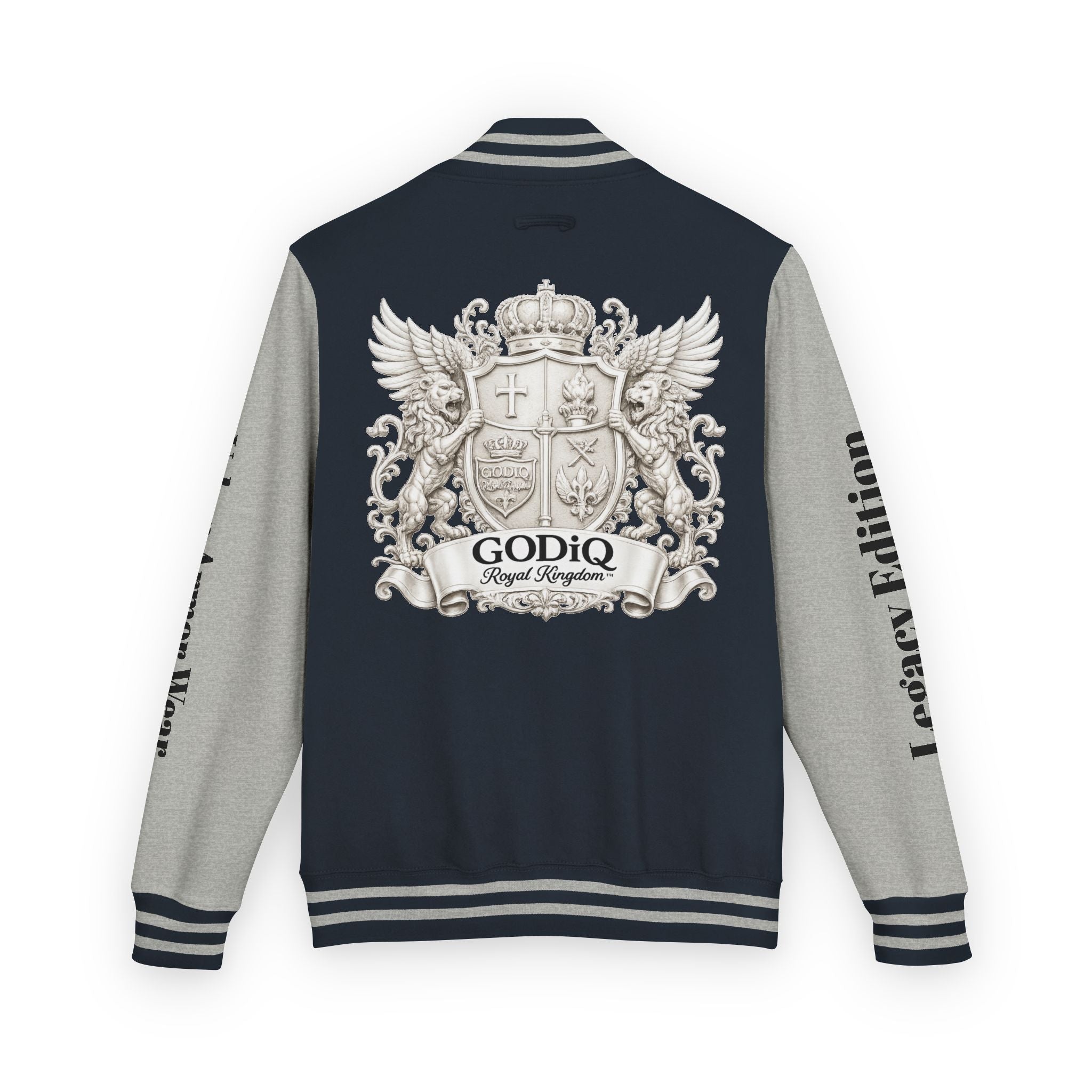 GODiQ Royal Kingdom™ Crest Letterman Jacket – Luxury Christian Varsity Jacket | Premium Heritage Streetwear | Urban Armor Wear™ Collegiate Bomber Coat