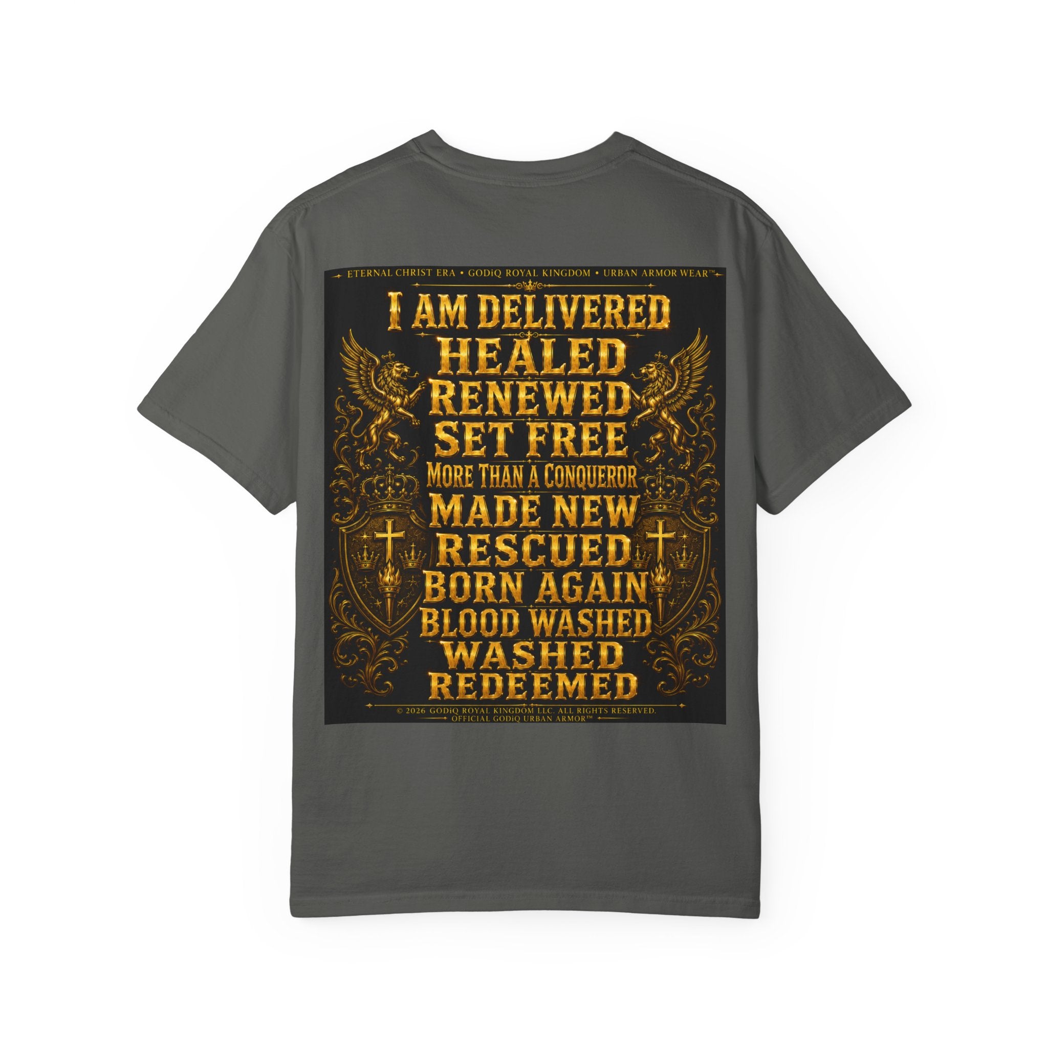 GODiQ Royal Kingdom™ Decree & Declare Christian T-Shirt – Premium Inspirational Faith Tee | "I Am Delivered, Healed, Renewed" Scripture Apparel | Comfort Colors 1717