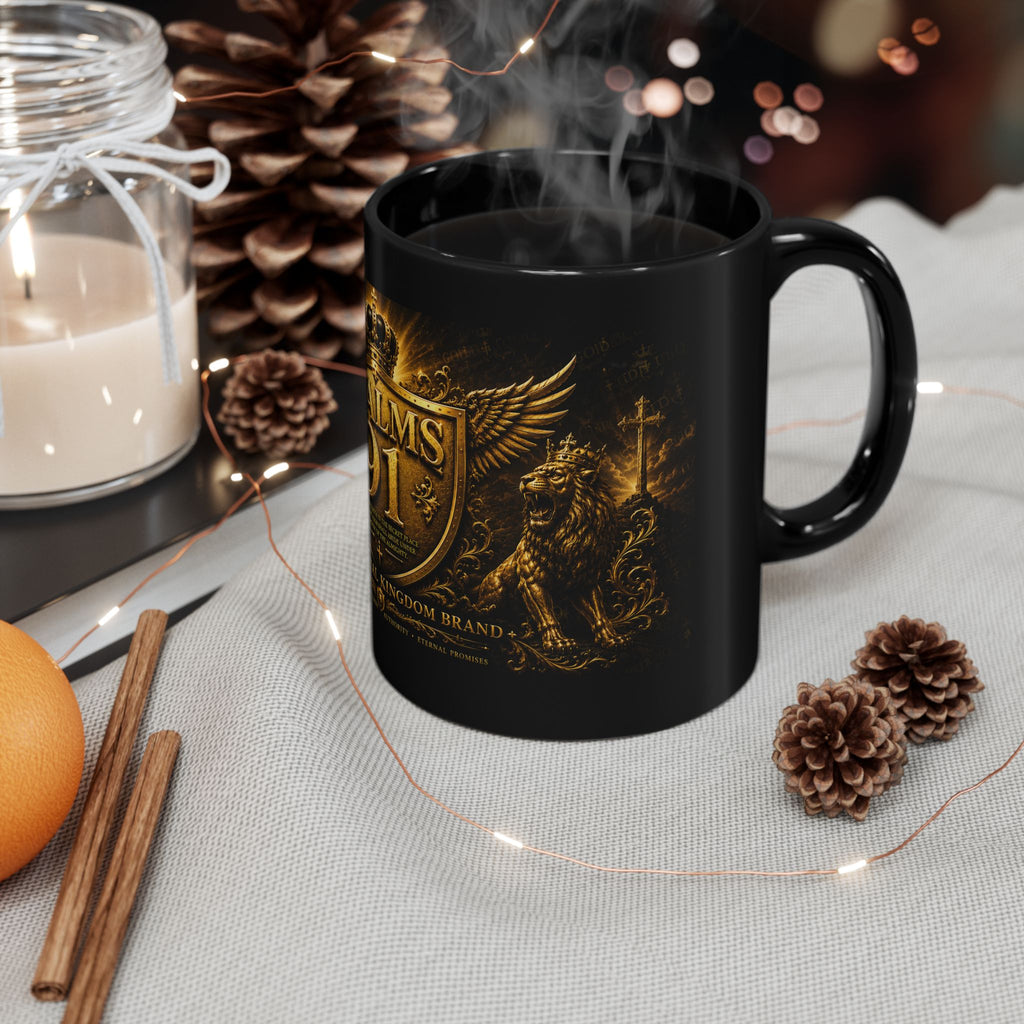 Psalms 91 Black Ceramic Mug – Religious Shield & Lion Design, Christian Coffee Cup (11oz/15oz)