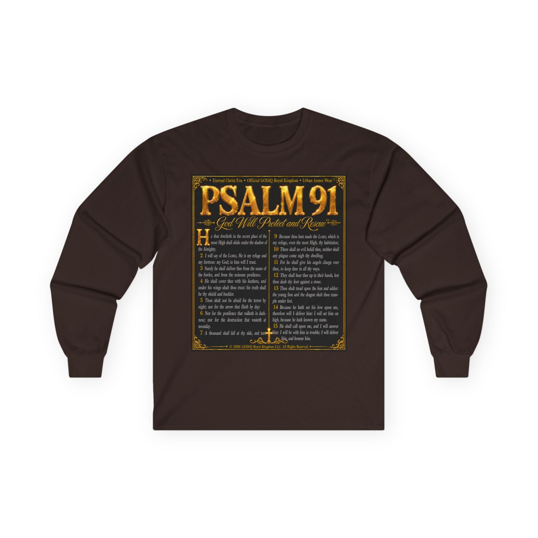Psalm 91™ Long Sleeve Christian T-Shirt | God's Promise of Divine Protection | Premium Biblical Prayer Shirt | Luxury Faith-Based Scripture Apparel | GODiQ Royal Kingdom™ Urban Armor Wear
