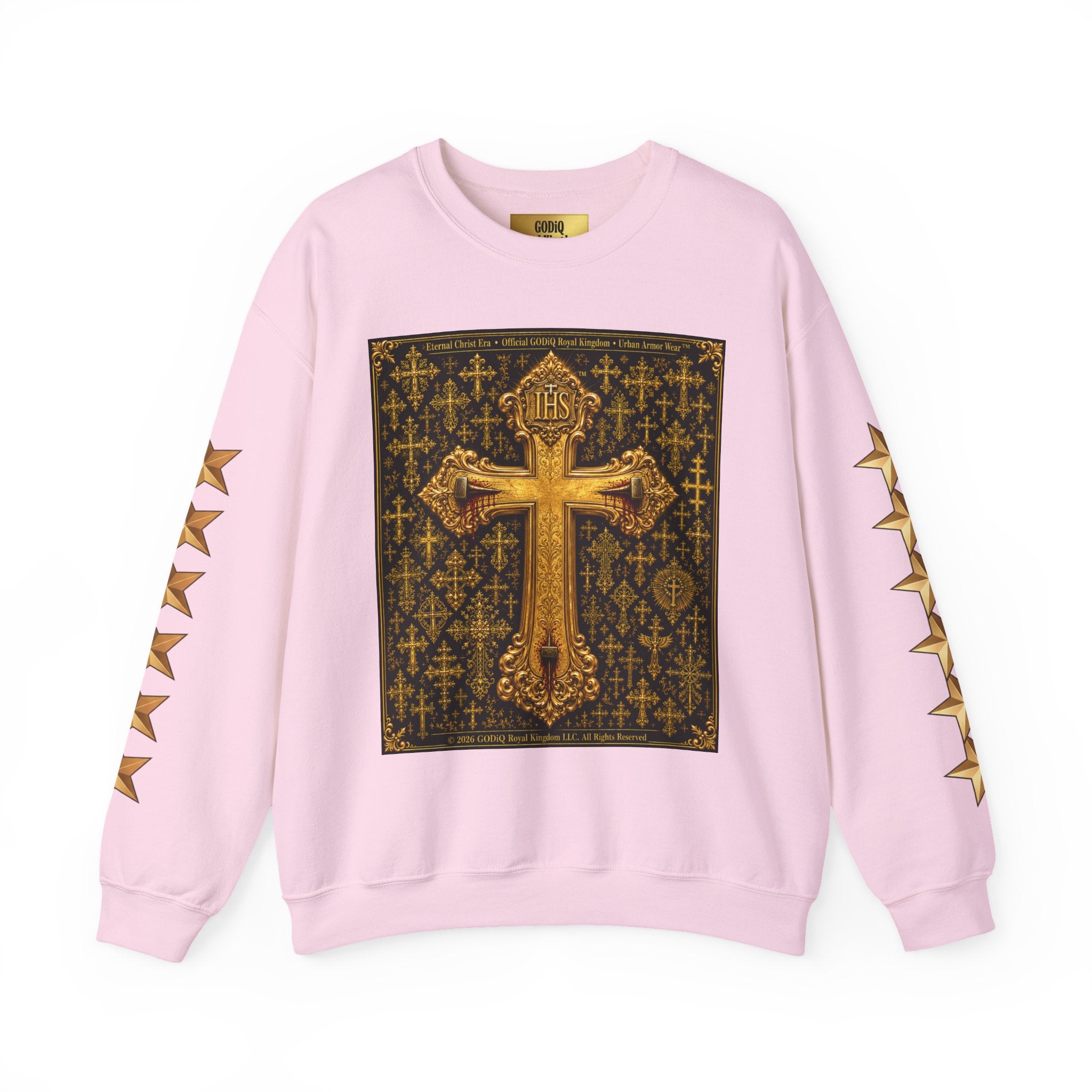 GODiQ Royal Kingdom™ Jesus Christ Died For Our Sins Crewneck Sweatshirt – Luxury 24K Gold Cross Christian Sweatshirt | Premium Faith Graphic Pullover | Religious Streetwear | Urban Armor Wear™