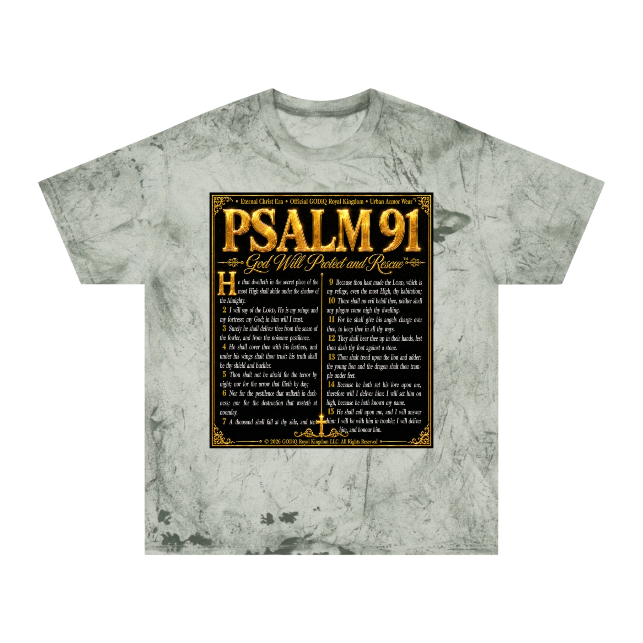 Psalm 91™ Divine Protection Graphic T-Shirt – Luxury Christian Scripture Tee | Premium Garment-Dyed Color Blast Faith Apparel | “God's Promise of Divine Protection” Vintage Cotton Shirt | GODiQ Royal...