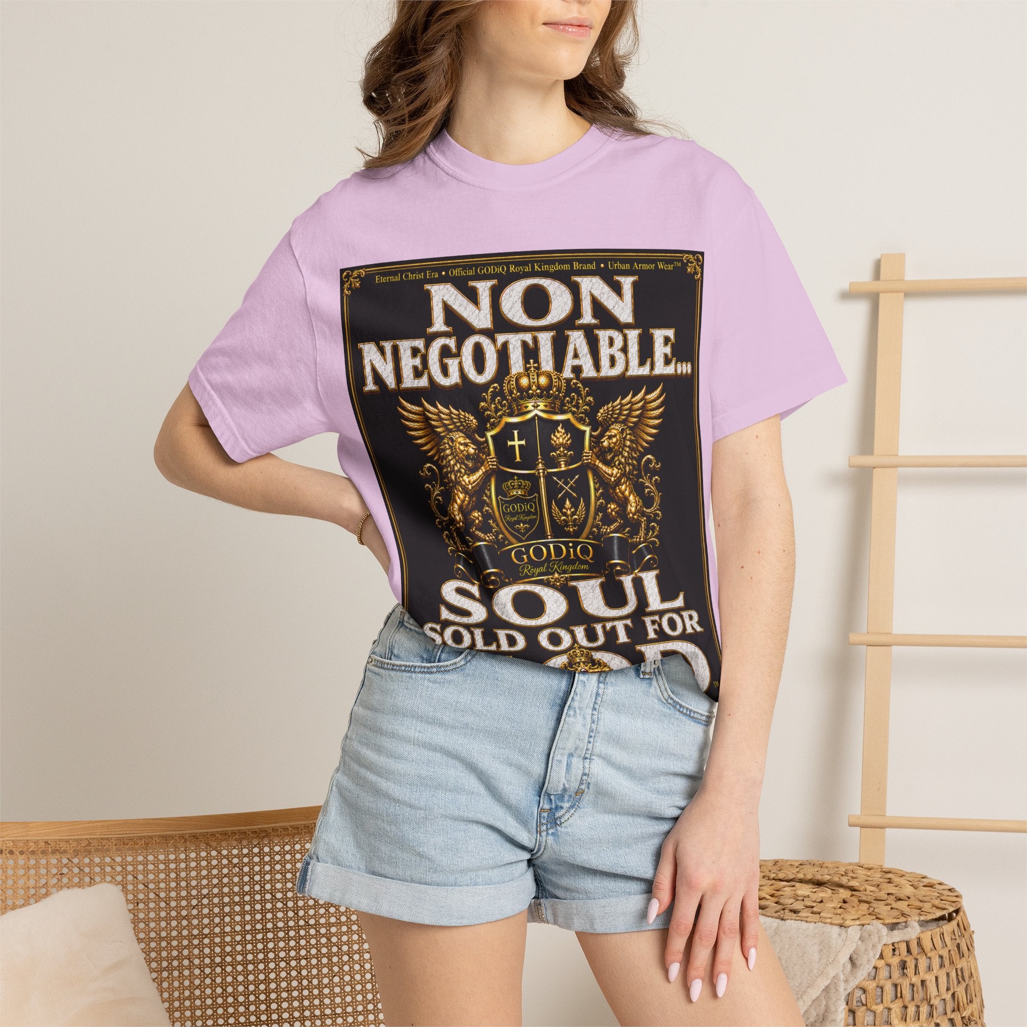 GODiQ™ Royal Kingdom Urban Armor Wear™ "NON NEGOTIABLE™: SOUL SOLD OUT FOR GOD™" Luxury Christian Graphic T-Shirt | Premium Faith Apparel | 24K Gold Heraldic Kingdom Statement Tee