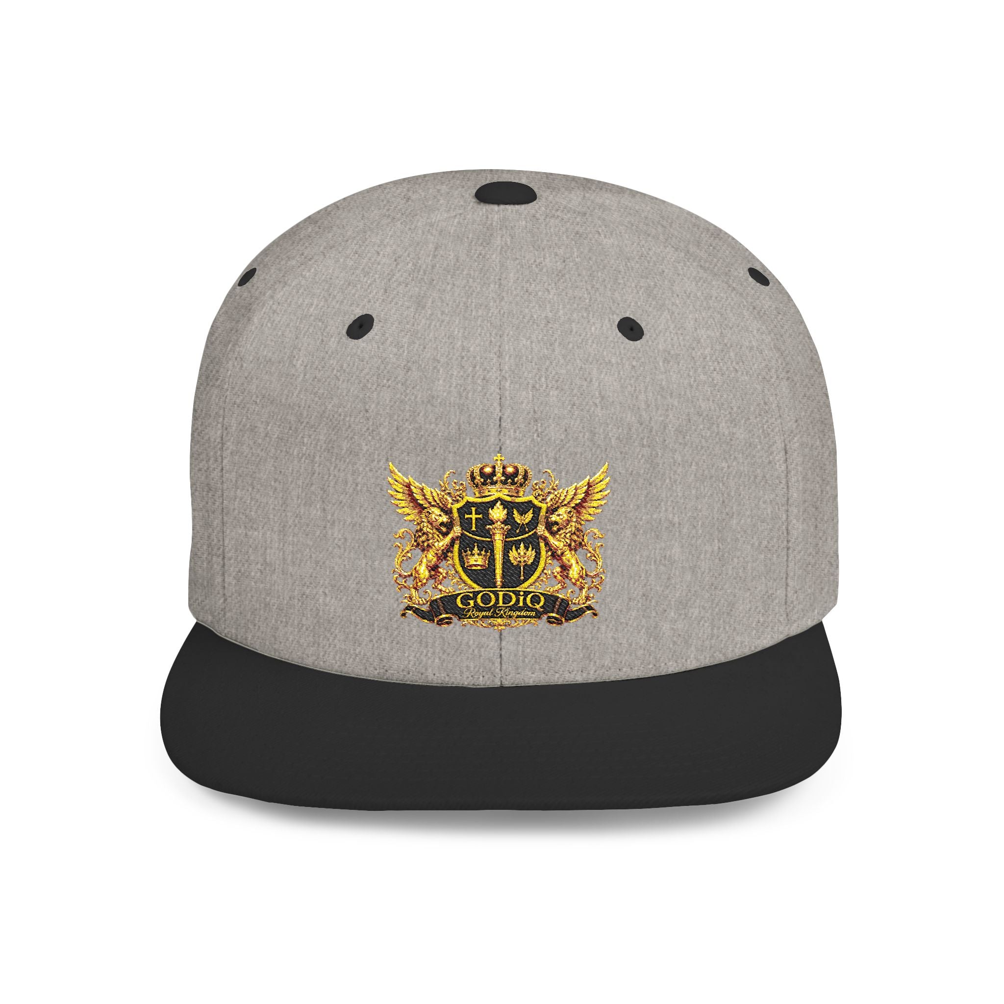 GODiQ Royal Kingdom™ Gold Crest Flat Bill Snapback Hat – Premium Embroidered Christian Heraldic Cap | Luxury Faith-Inspired Streetwear | Urban Armor™ Collection