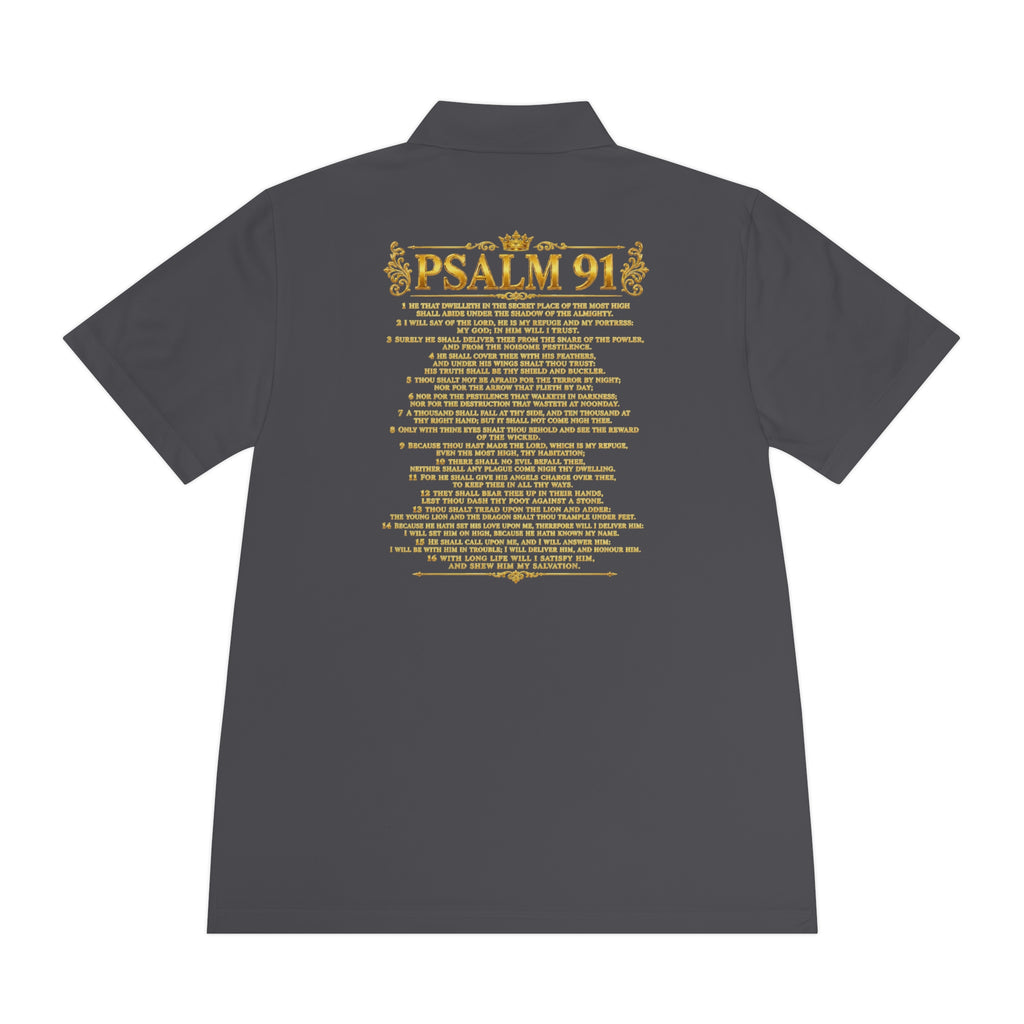 GODiQ Royal Kingdom™ Psalm 91 Men's Performance Polo – Premium Christian Golf Shirt | Luxury Gold Scripture Polo | Moisture-Wicking Faith Apparel