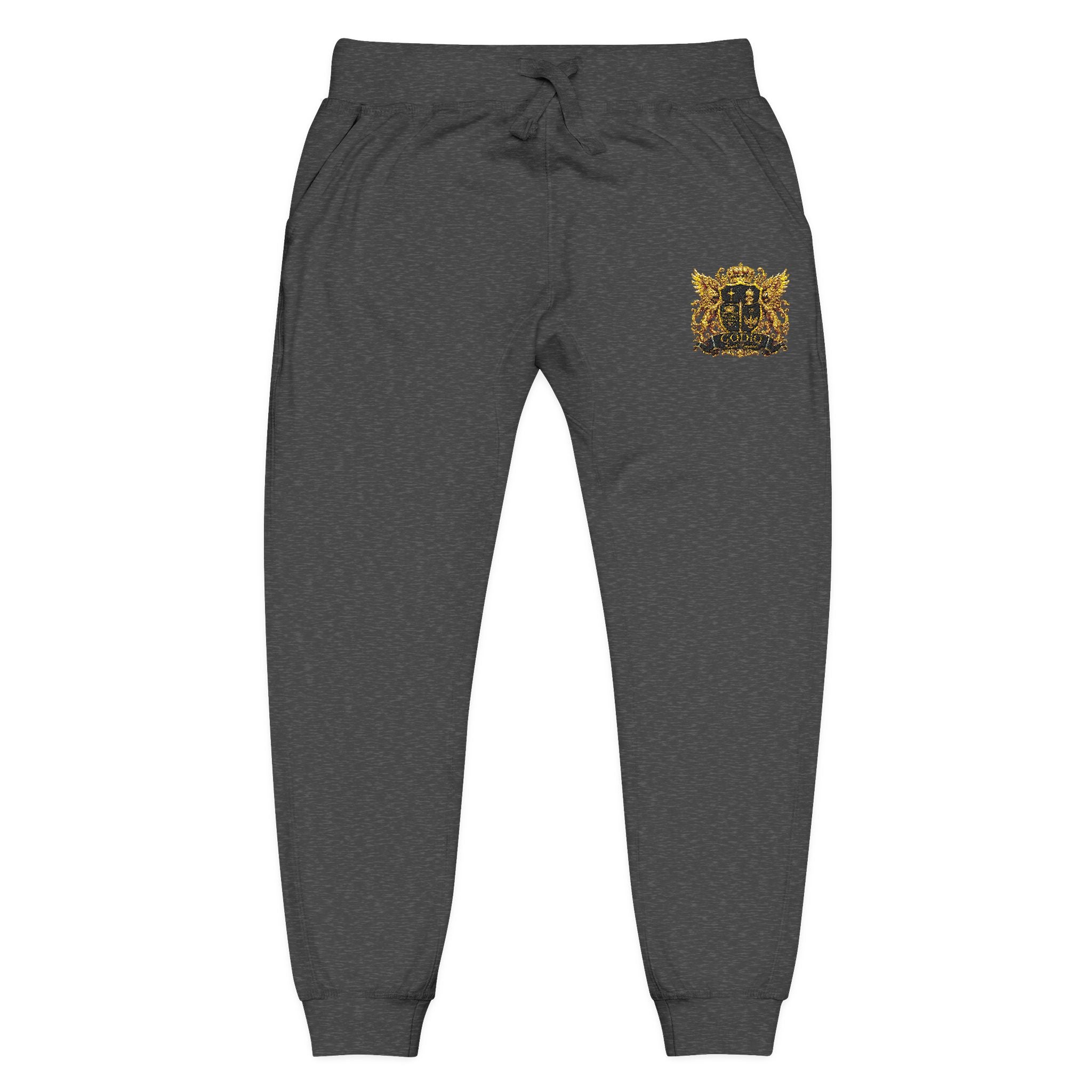 GODiQ Royal Kingdom™ CRK Sovereign Crest Embroidered Fleece Joggers – Luxury Christian Sweatpants | Premium Gold Crown Sword Logo | Kingdom Lifestyle Apparel