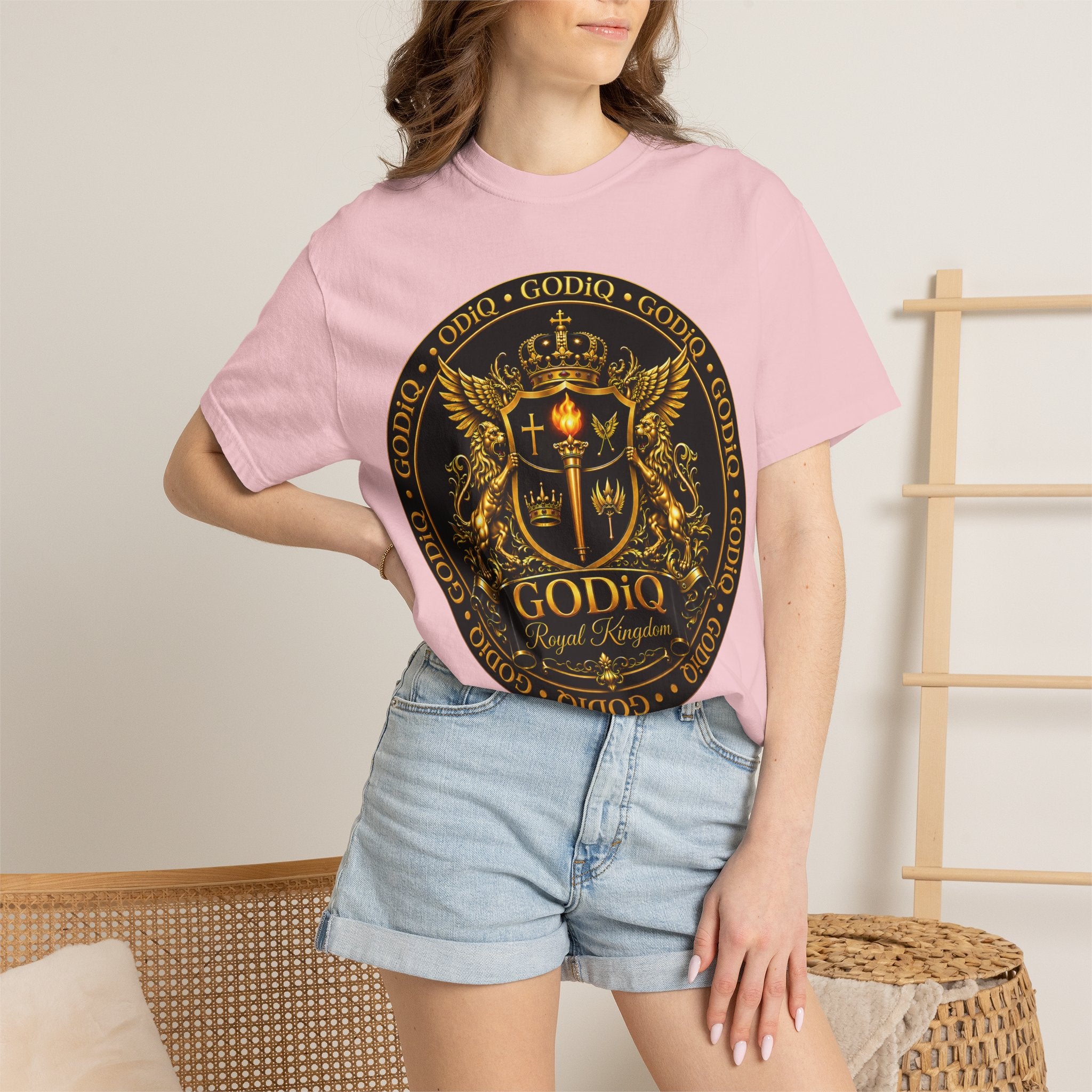 GODiQ Royal Kingdom™ Royal Crest T-Shirt – Luxury Christian Coat of Arms Graphic Tee | Premium Garment-Dyed Faith Apparel | Regal Kingdom Streetwear