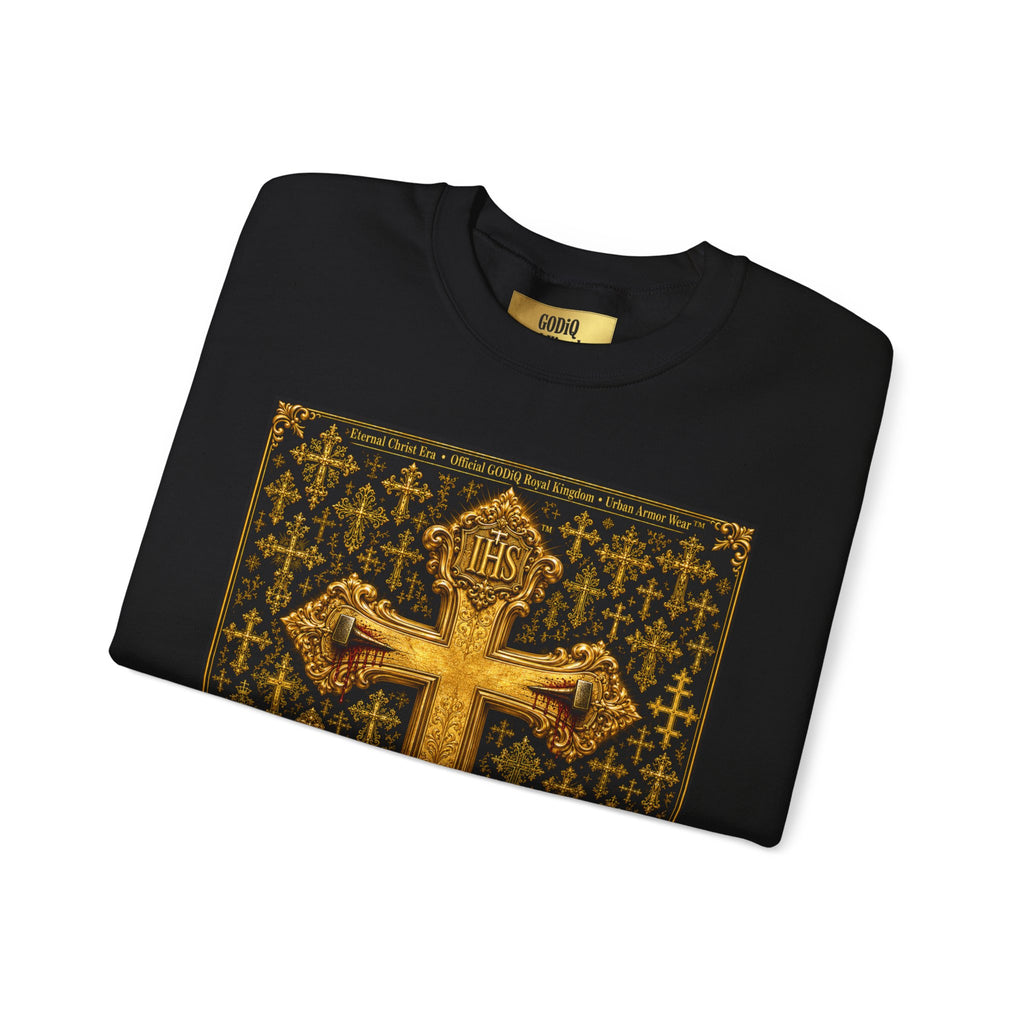 GODiQ Royal Kingdom™ Jesus Christ Died For Our Sins Crewneck Sweatshirt – Luxury 24K Gold Cross Christian Sweatshirt | Premium Faith Graphic Pullover | Religious Streetwear | Urban Armor Wear™
