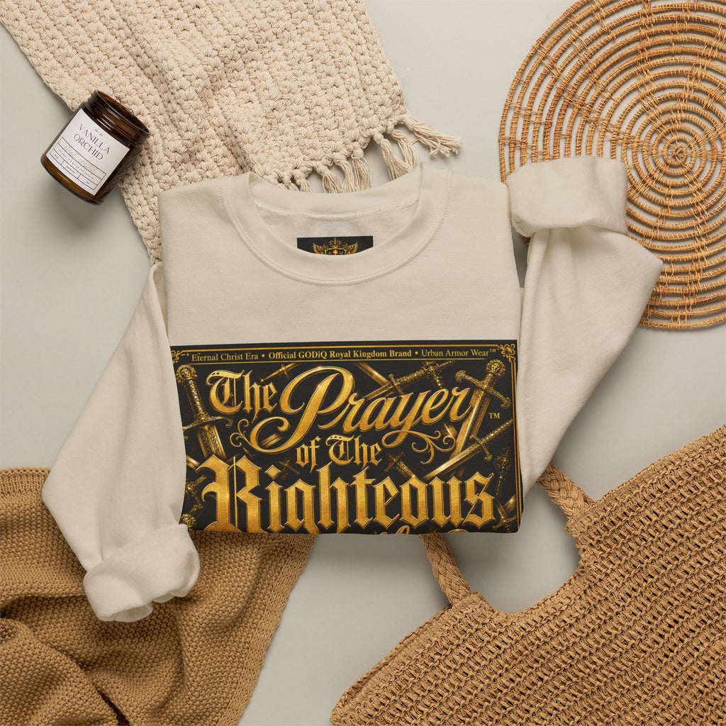 Prayer of the Righteous™ Crewneck Sweatshirt — James 5 Faith Graphic | Luxury Christian Streetwear | GODiQ Royal Kingdom™ Urban Armor Wear™