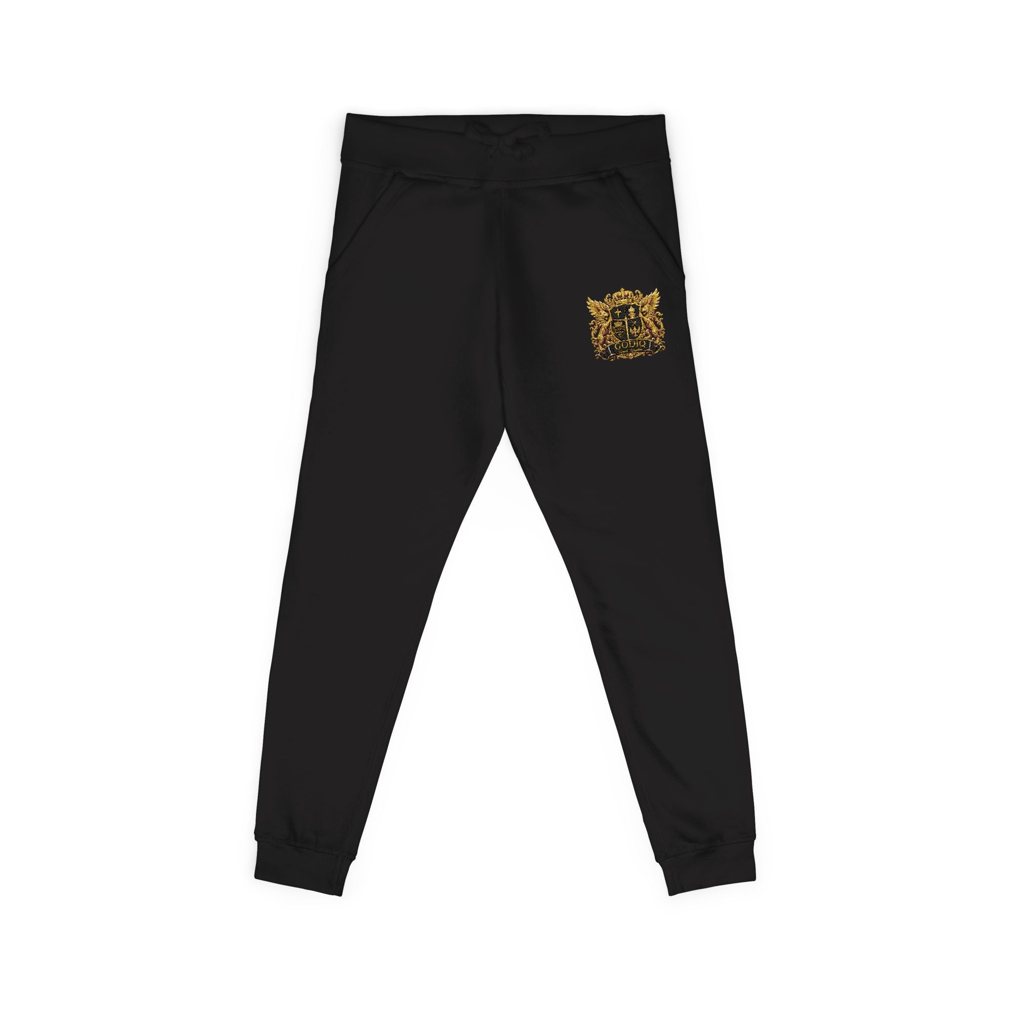 GODiQ Royal Kingdom™ CRK Sovereign Crest Embroidered Fleece Joggers – Luxury Christian Sweatpants | Premium Gold Crown Sword Logo | Kingdom Lifestyle Apparel