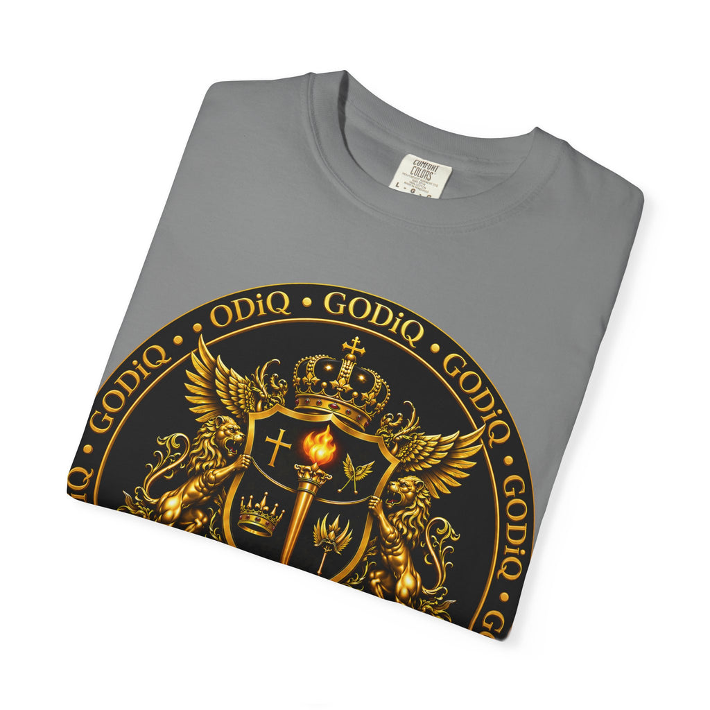 GODiQ Royal Kingdom™ Royal Crest T-Shirt – Luxury Christian Coat of Arms Graphic Tee | Premium Garment-Dyed Faith Apparel | Regal Kingdom Streetwear