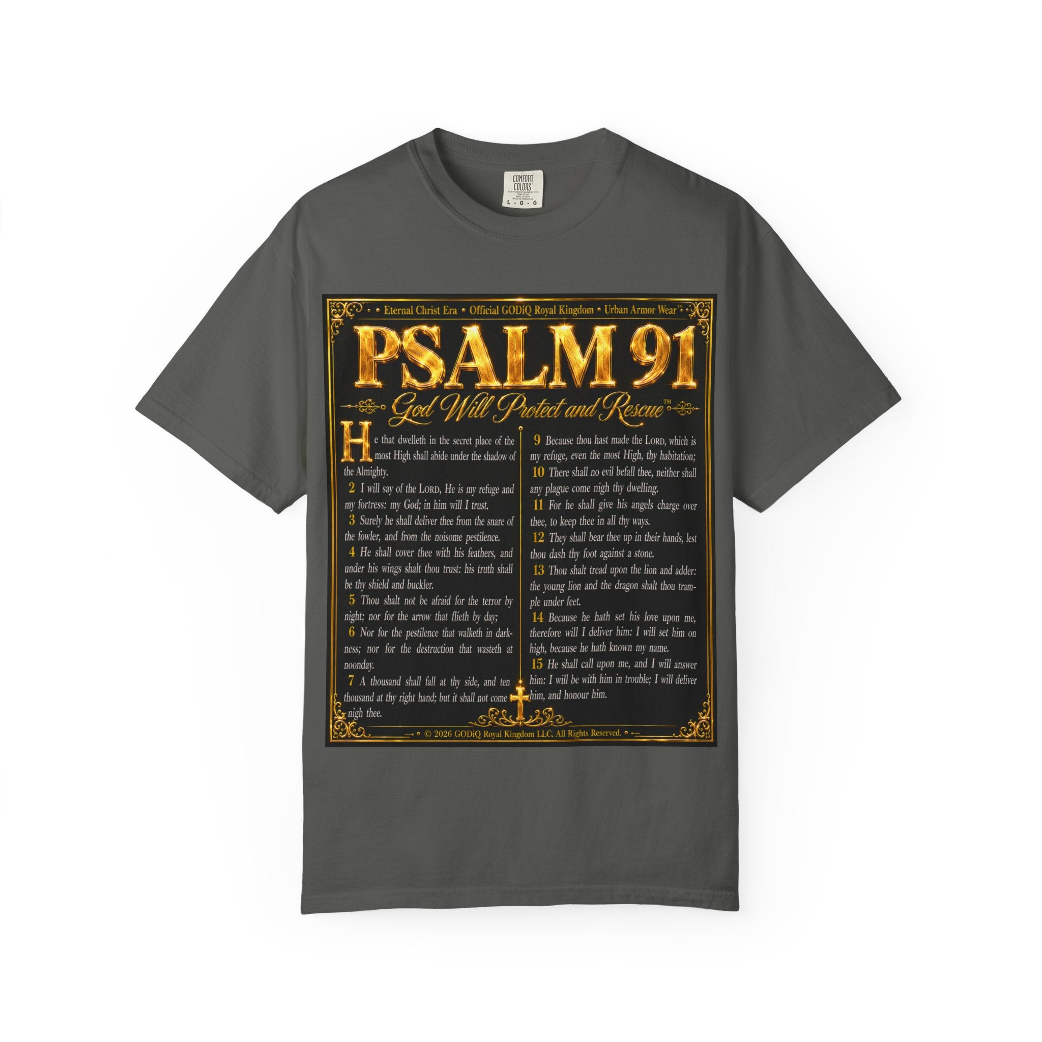 Psalm 91™ Christian Graphic T-Shirt – "God's Promise of Divine Protection" Luxury Garment-Dyed Scripture Tee | Premium Comfort Colors® 1717 | GODiQ Royal Kingdom™ Urban Armor Wear