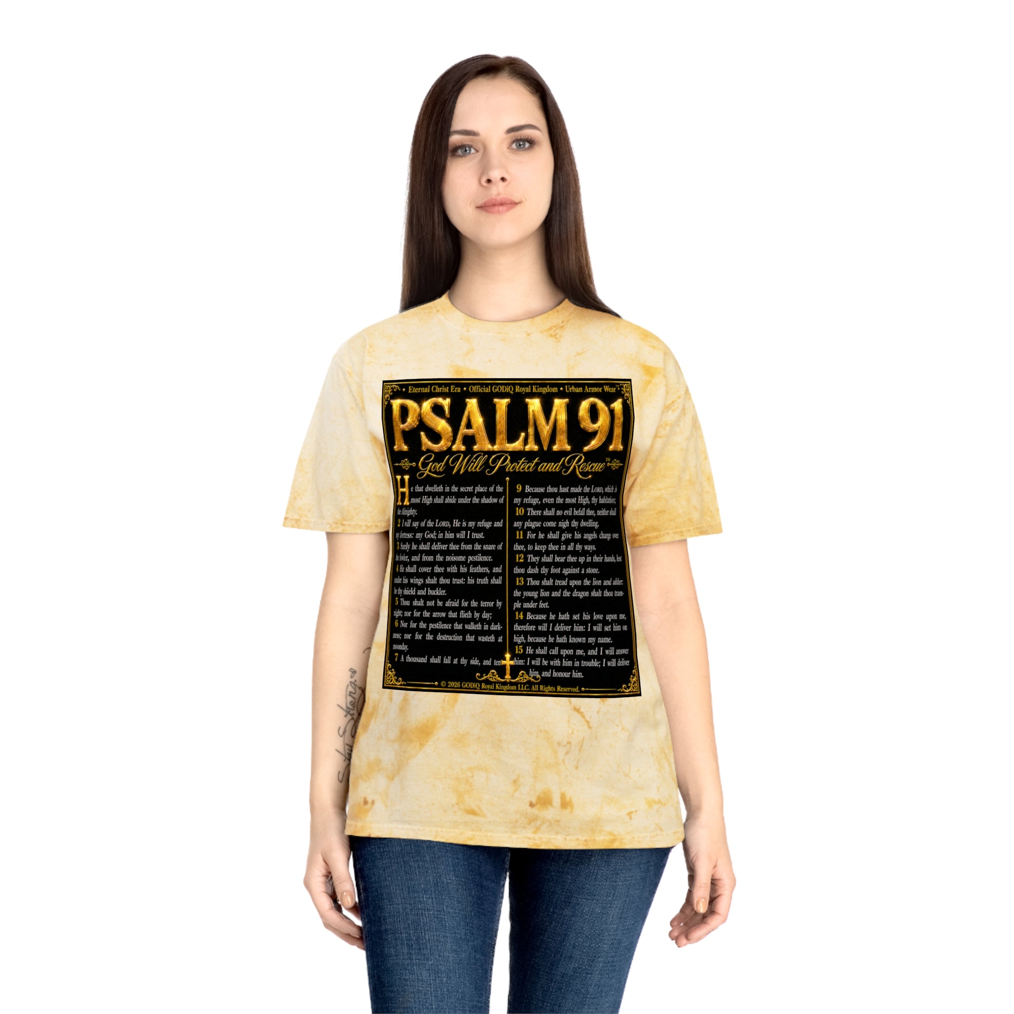 Psalm 91™ Divine Protection Graphic T-Shirt – Luxury Christian Scripture Tee | Premium Garment-Dyed Color Blast Faith Apparel | “God's Promise of Divine Protection” Vintage Cotton Shirt | GODiQ Royal...
