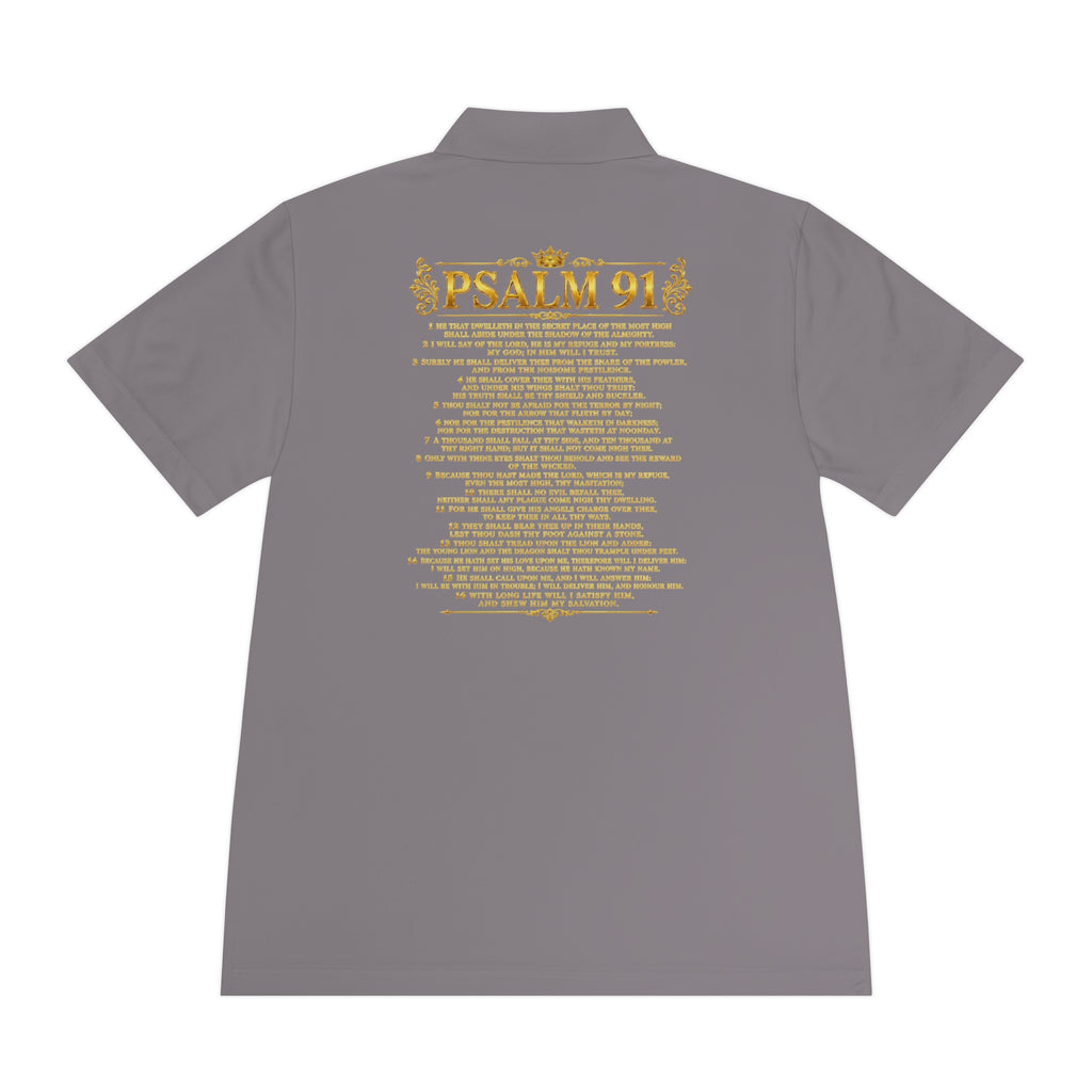 GODiQ Royal Kingdom™ Psalm 91 Men's Performance Polo – Premium Christian Golf Shirt | Luxury Gold Scripture Polo | Moisture-Wicking Faith Apparel