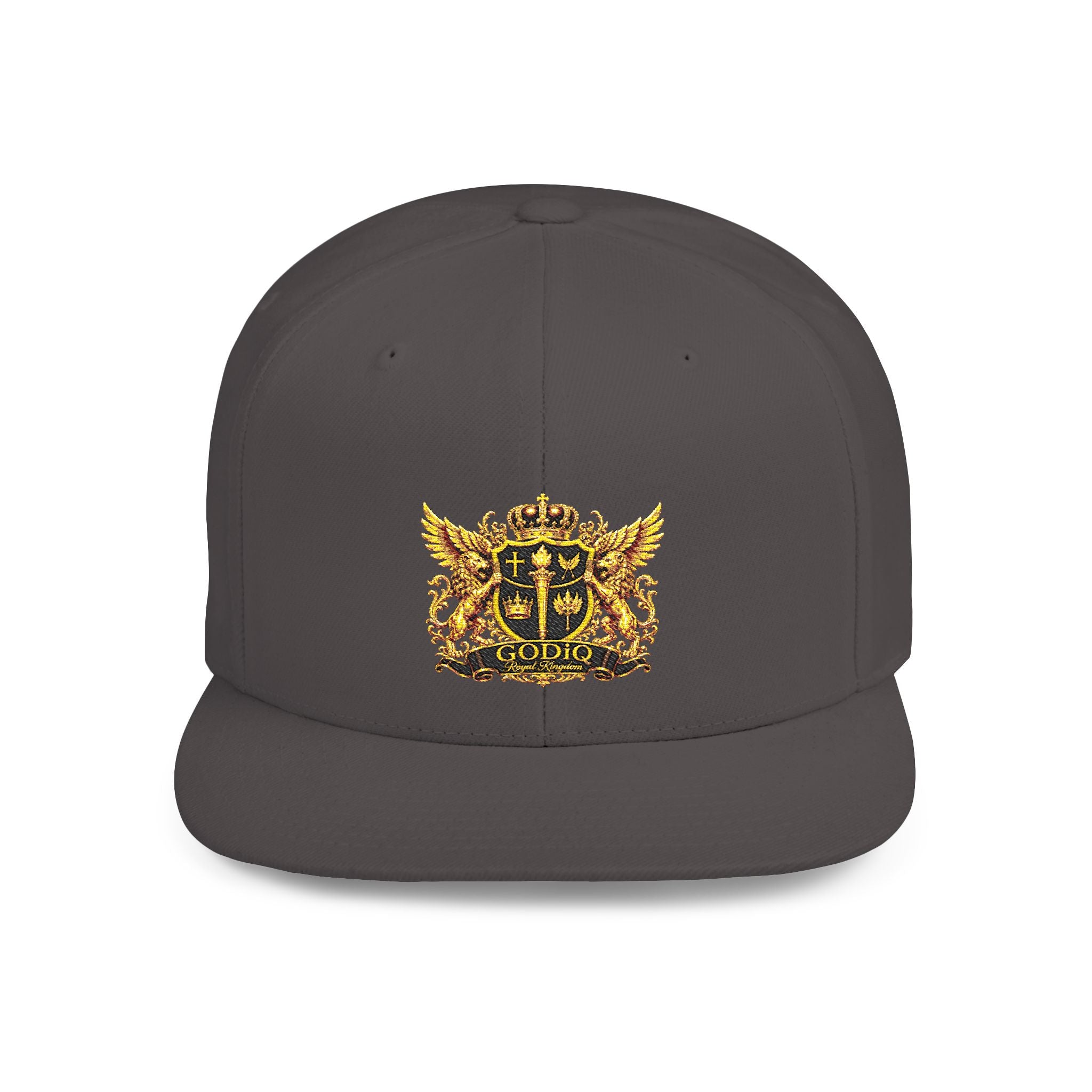 GODiQ Royal Kingdom™ Gold Crest Flat Bill Snapback Hat – Premium Embroidered Christian Heraldic Cap | Luxury Faith-Inspired Streetwear | Urban Armor™ Collection
