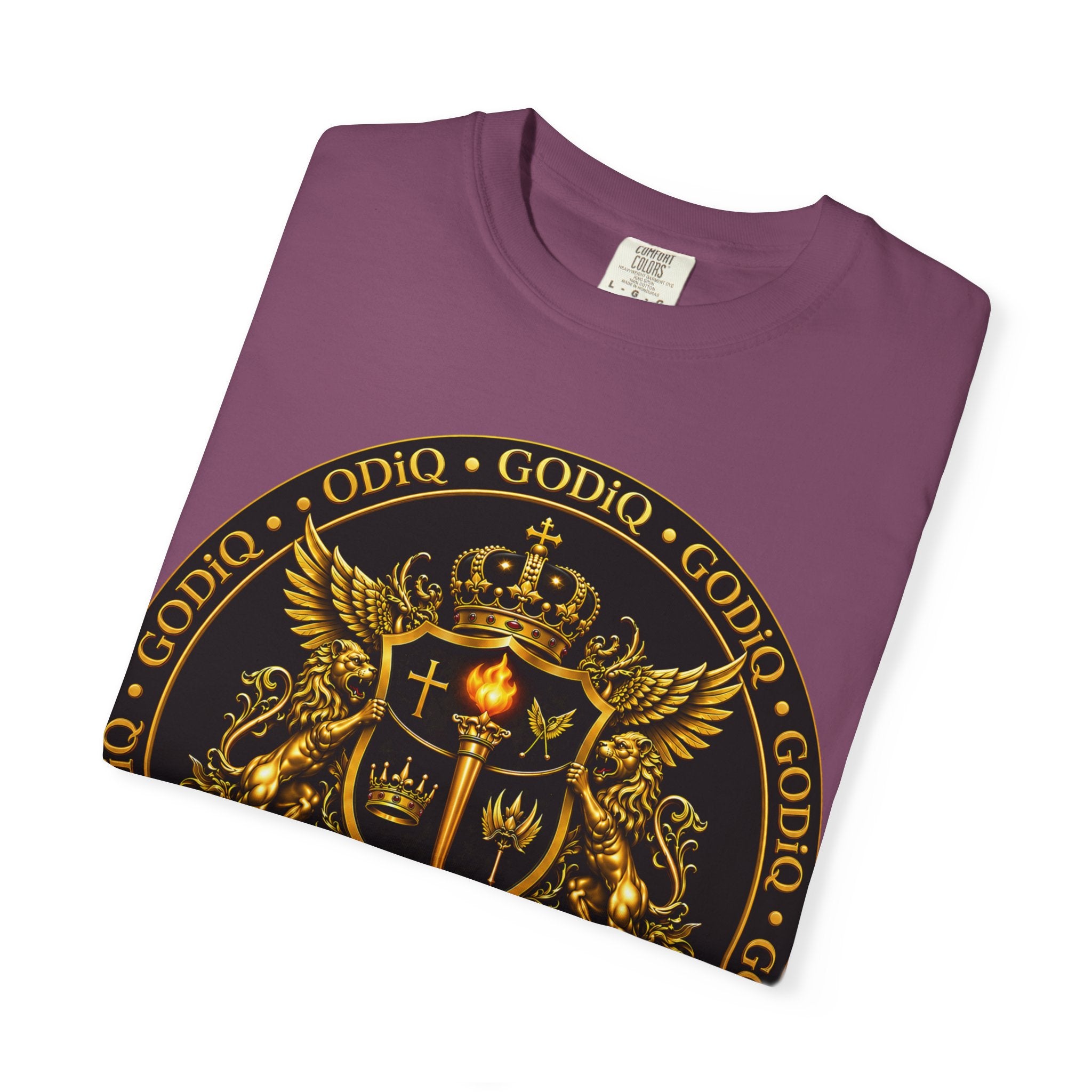 GODiQ Royal Kingdom™ Royal Crest T-Shirt – Luxury Christian Coat of Arms Graphic Tee | Premium Garment-Dyed Faith Apparel | Regal Kingdom Streetwear