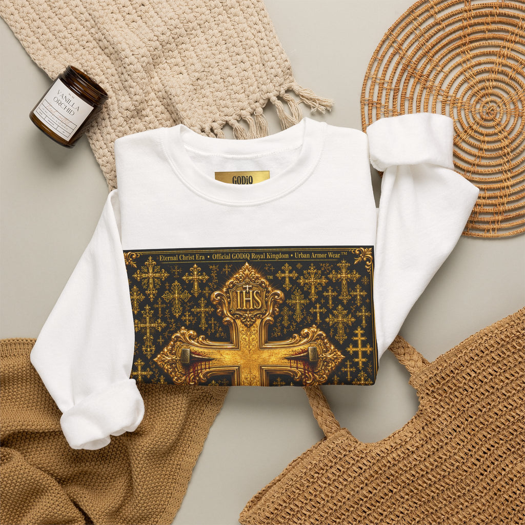 GODiQ Royal Kingdom™ Jesus Christ Died For Our Sins Crewneck Sweatshirt – Luxury 24K Gold Cross Christian Sweatshirt | Premium Faith Graphic Pullover | Religious Streetwear | Urban Armor Wear™