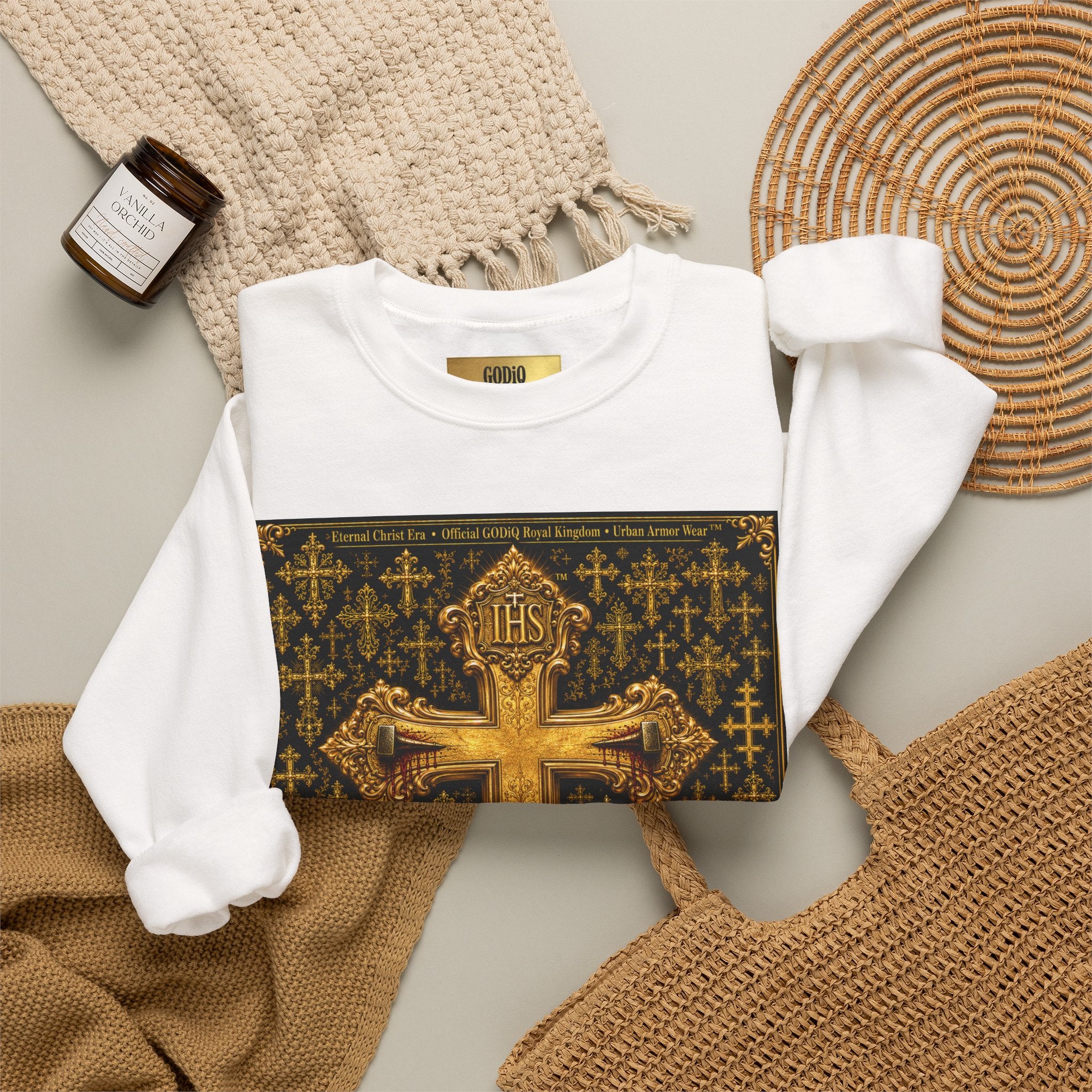 GODiQ Royal Kingdom™ Jesus Christ Died For Our Sins Crewneck Sweatshirt – Luxury 24K Gold Cross Christian Sweatshirt | Premium Faith Graphic Pullover | Religious Streetwear | Urban Armor Wear™