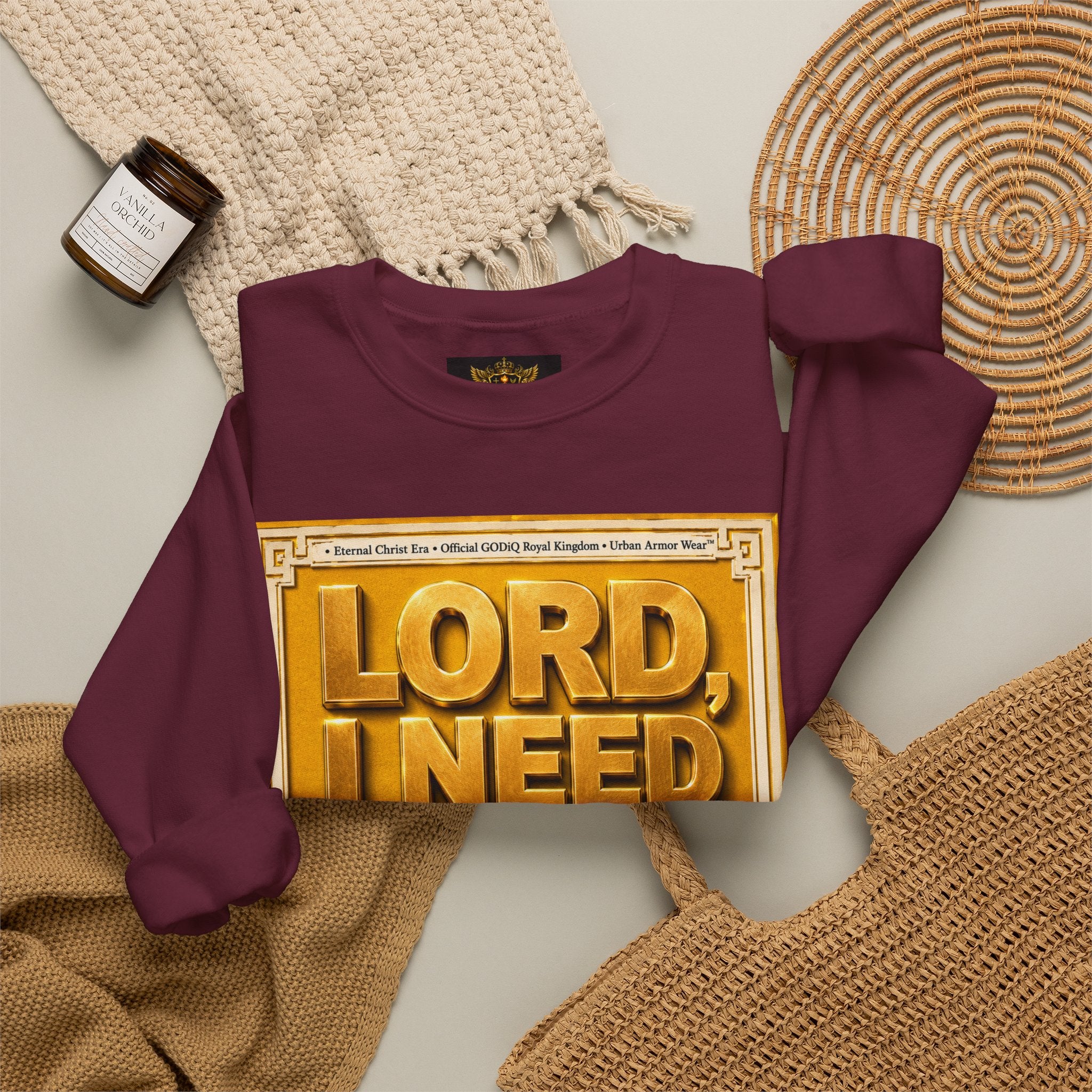 GODiQ Royal Kingdom™ "Lord I Need You Right Now" Crewneck Sweatshirt | Luxury Christian Graphic Sweatshirt | Premium Faith Streetwear | Gold Script Gospel Apparel